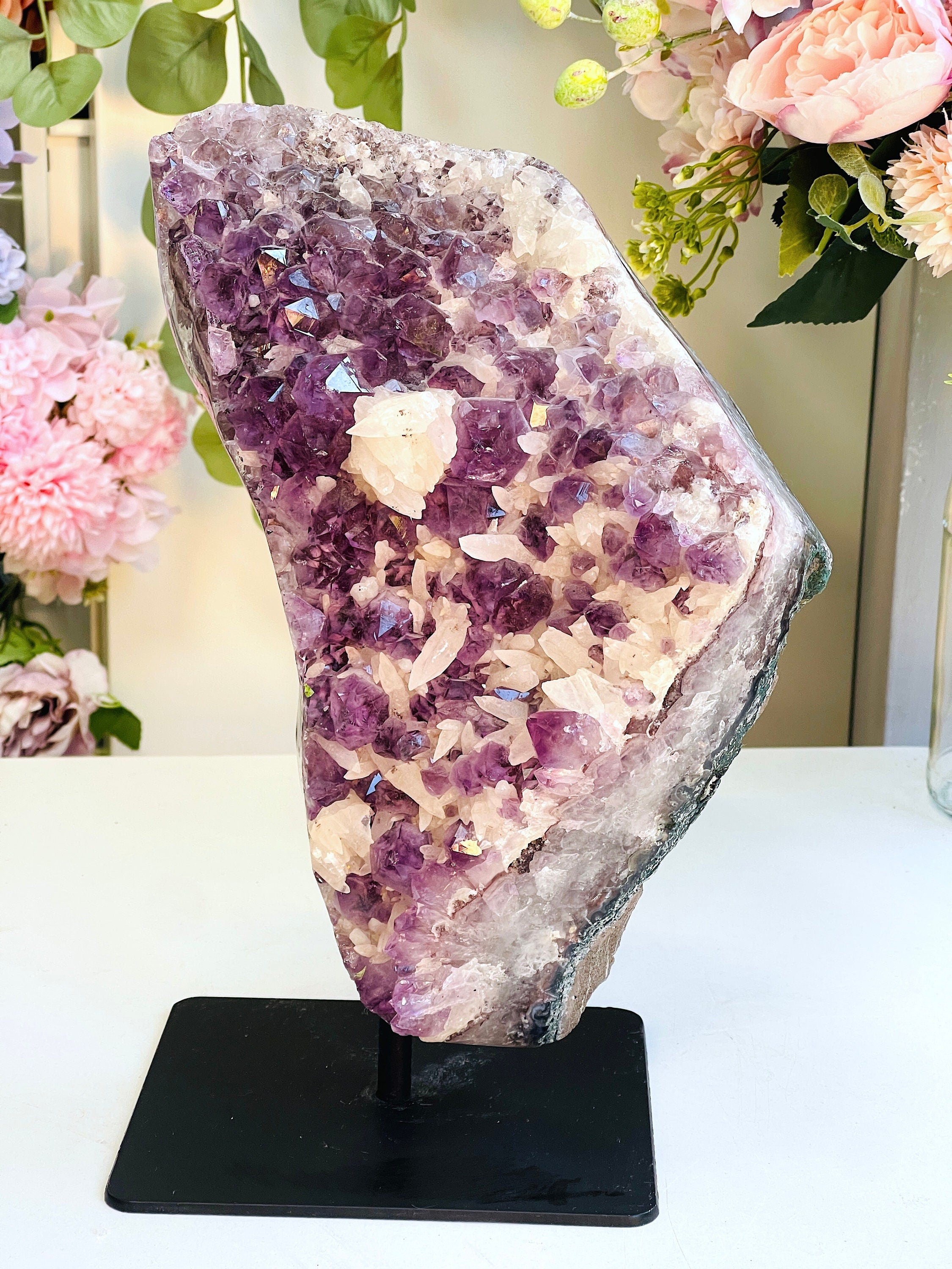 4.7kg Extraordinary Amethyst with Calcite on Metal Stand ,Amethyst Cathedral ,Large Amethyst Crystal Gift, Amethyst for Home Decor Crystal