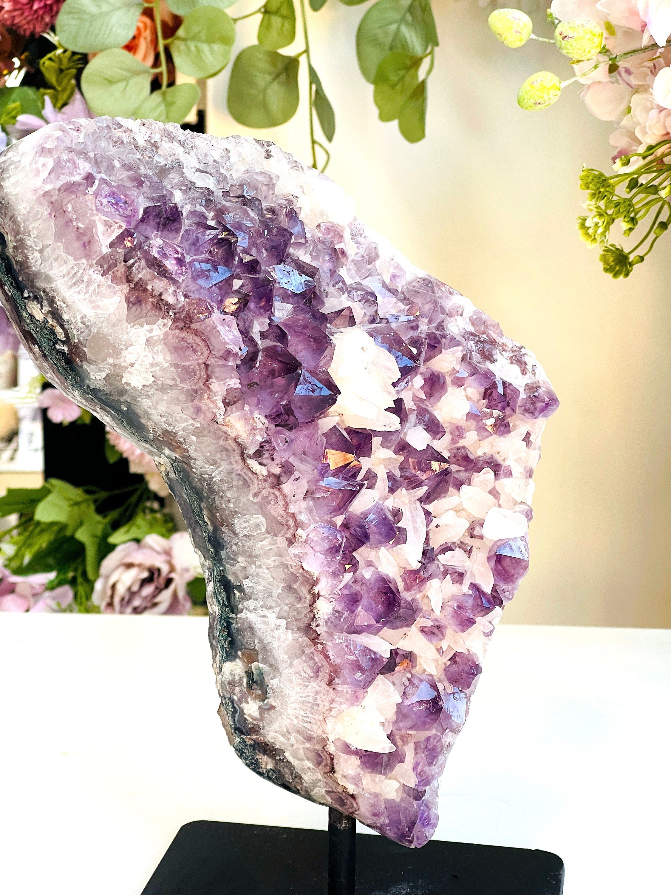 4.7kg Extraordinary Amethyst with Calcite on Metal Stand ,Amethyst Cathedral ,Large Amethyst Crystal Gift, Amethyst for Home Decor Crystal
