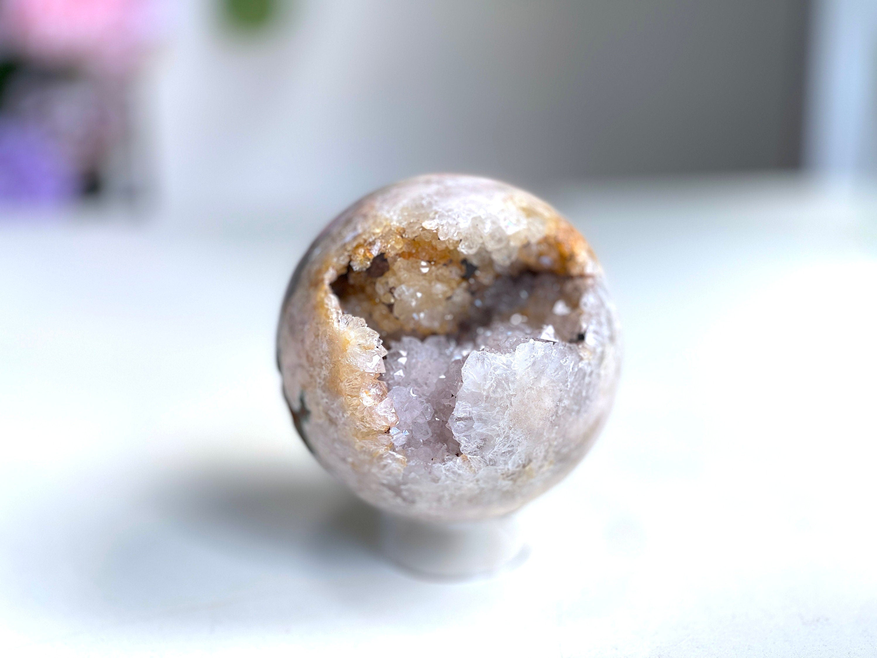 Pink Amethyst Sphere, 97mm Large Druzy Pink Amethyst Crystal with Quartz, Super Sparkling Pink Amethyst Geode Sphere