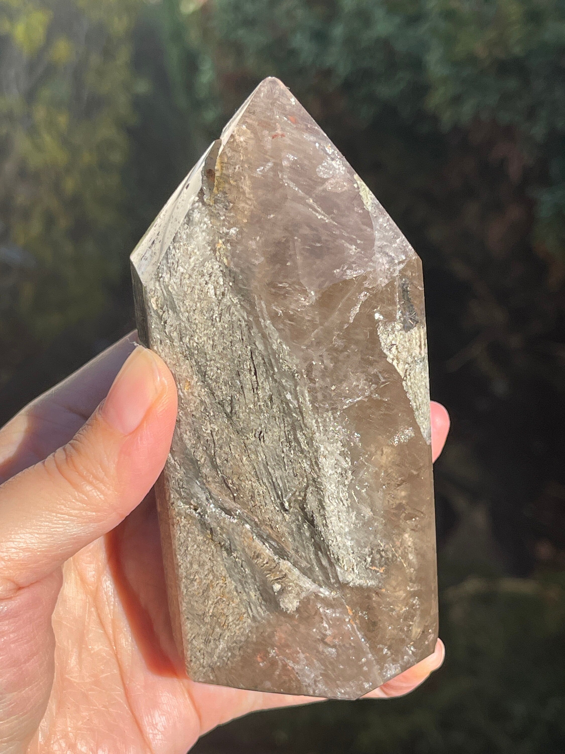 565g Unique Lodolite Quartz Tower, Natural Brazilian Lodolite Quartz Point, Crystal Gift, Garden Quartz