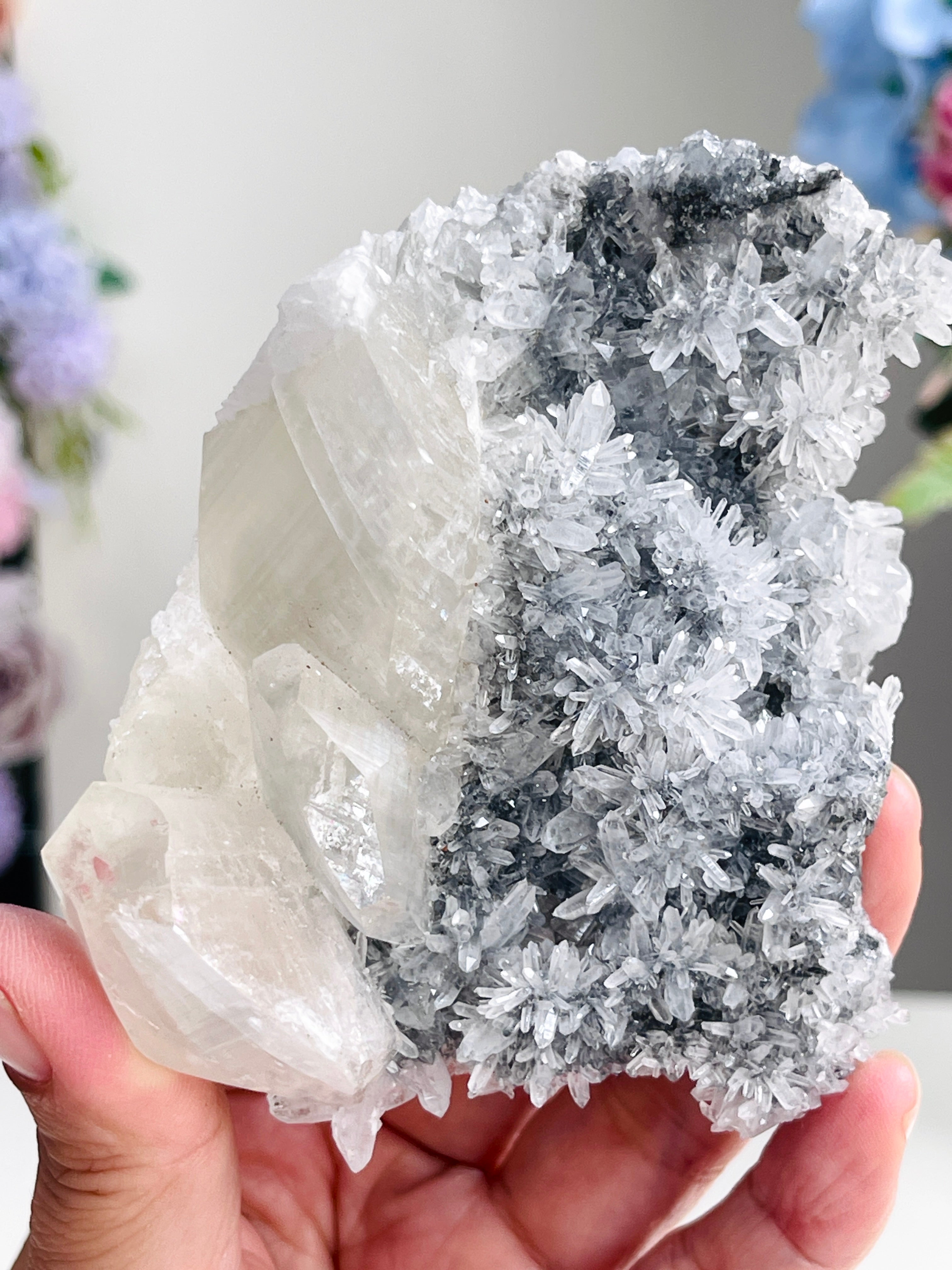 Breathtaking Needle Quartz Cluster with Calcite from Hubei China, Unique Needle Quartz Specimen, Crystal Gift