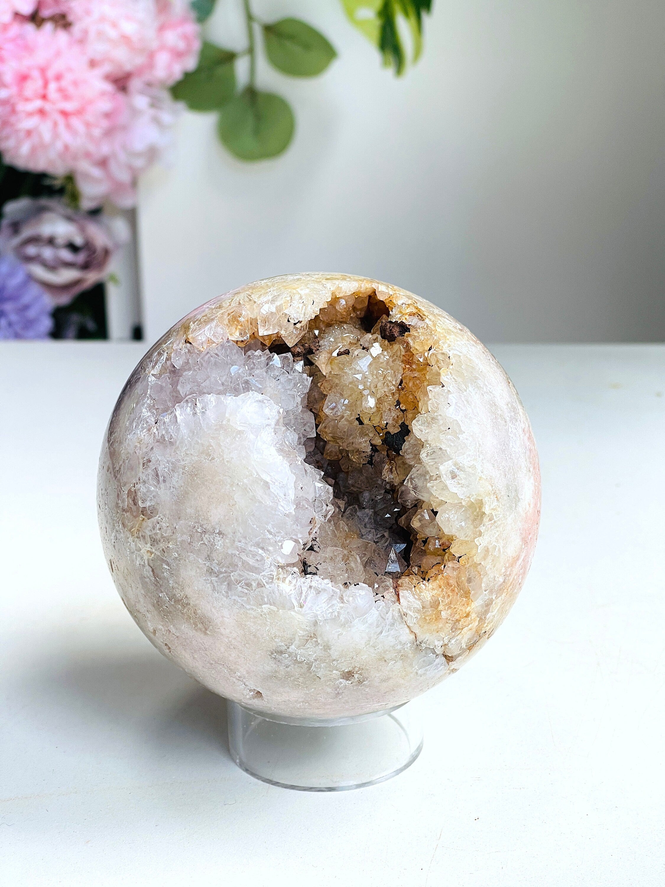Pink Amethyst Sphere, 97mm Large Druzy Pink Amethyst Crystal with Quartz, Super Sparkling Pink Amethyst Geode Sphere