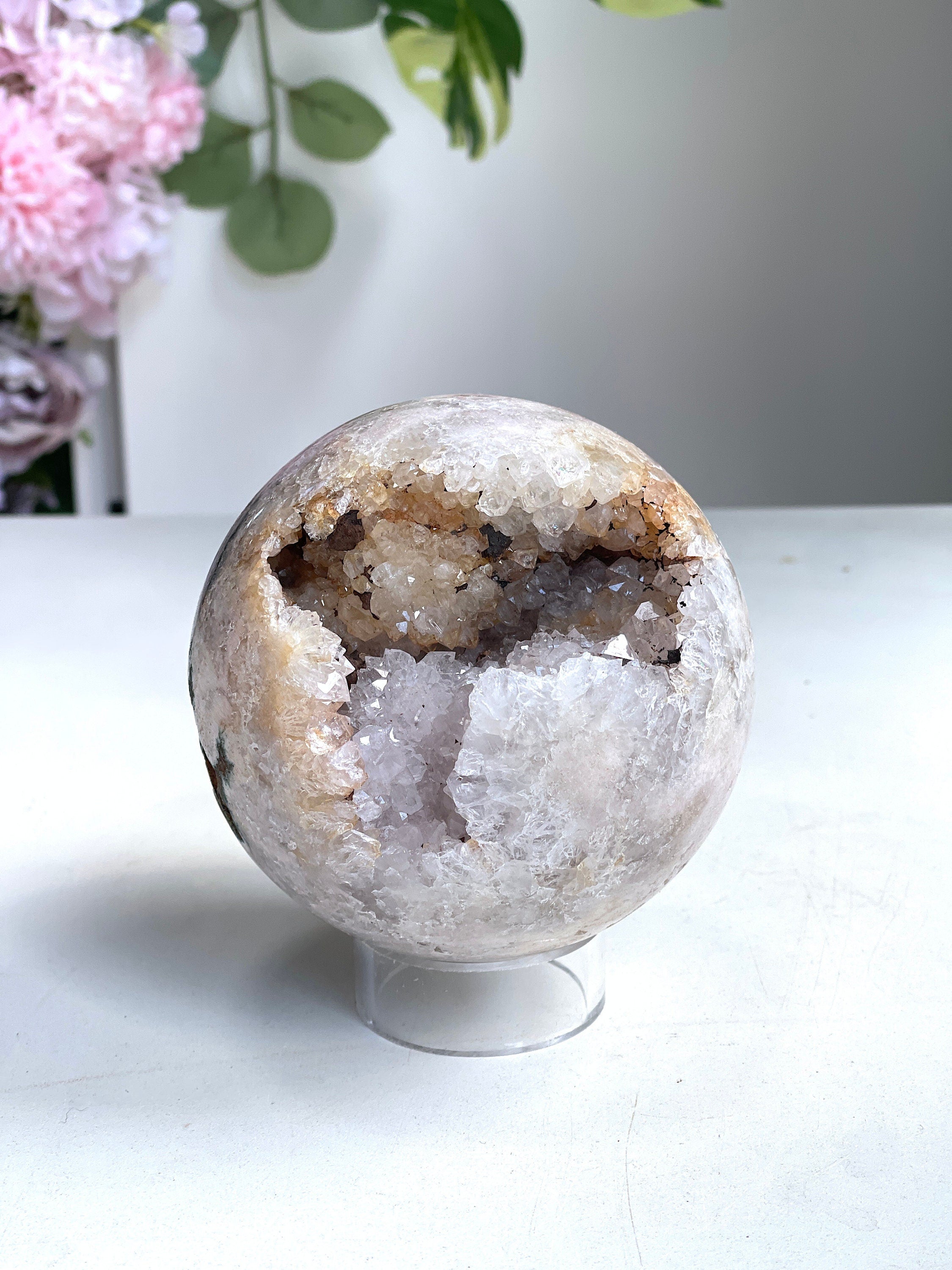 Pink Amethyst Sphere, 97mm Large Druzy Pink Amethyst Crystal with Quartz, Super Sparkling Pink Amethyst Geode Sphere