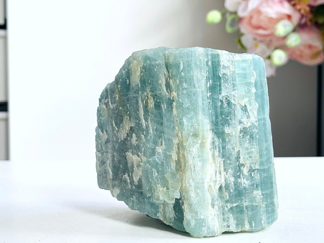 A large natural raw aquamarine, blue brazilian aquamarine stone from Million Years Crystal
