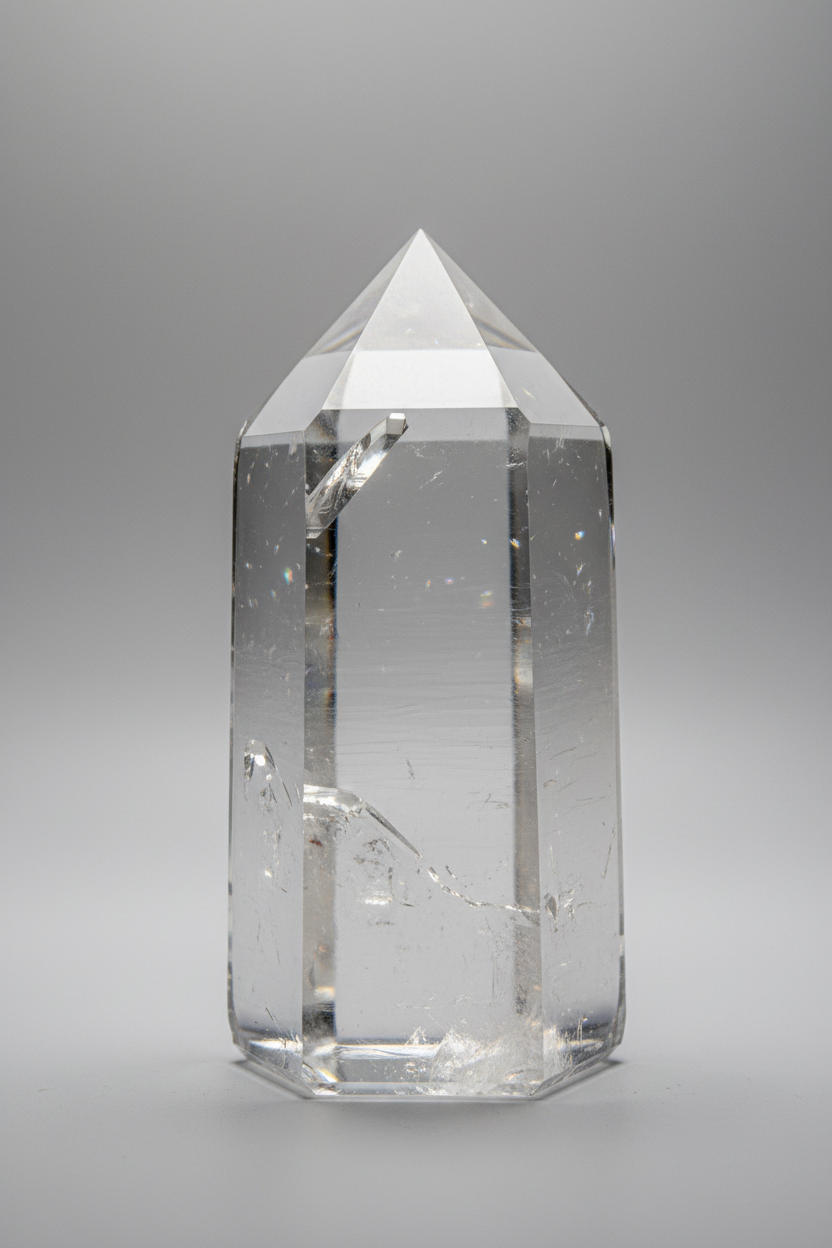 Large natural clear quartz crystal point, water-clear and transparent, showing Lemurian striations on prism faces — a collector-grade rock crystal specimen.
