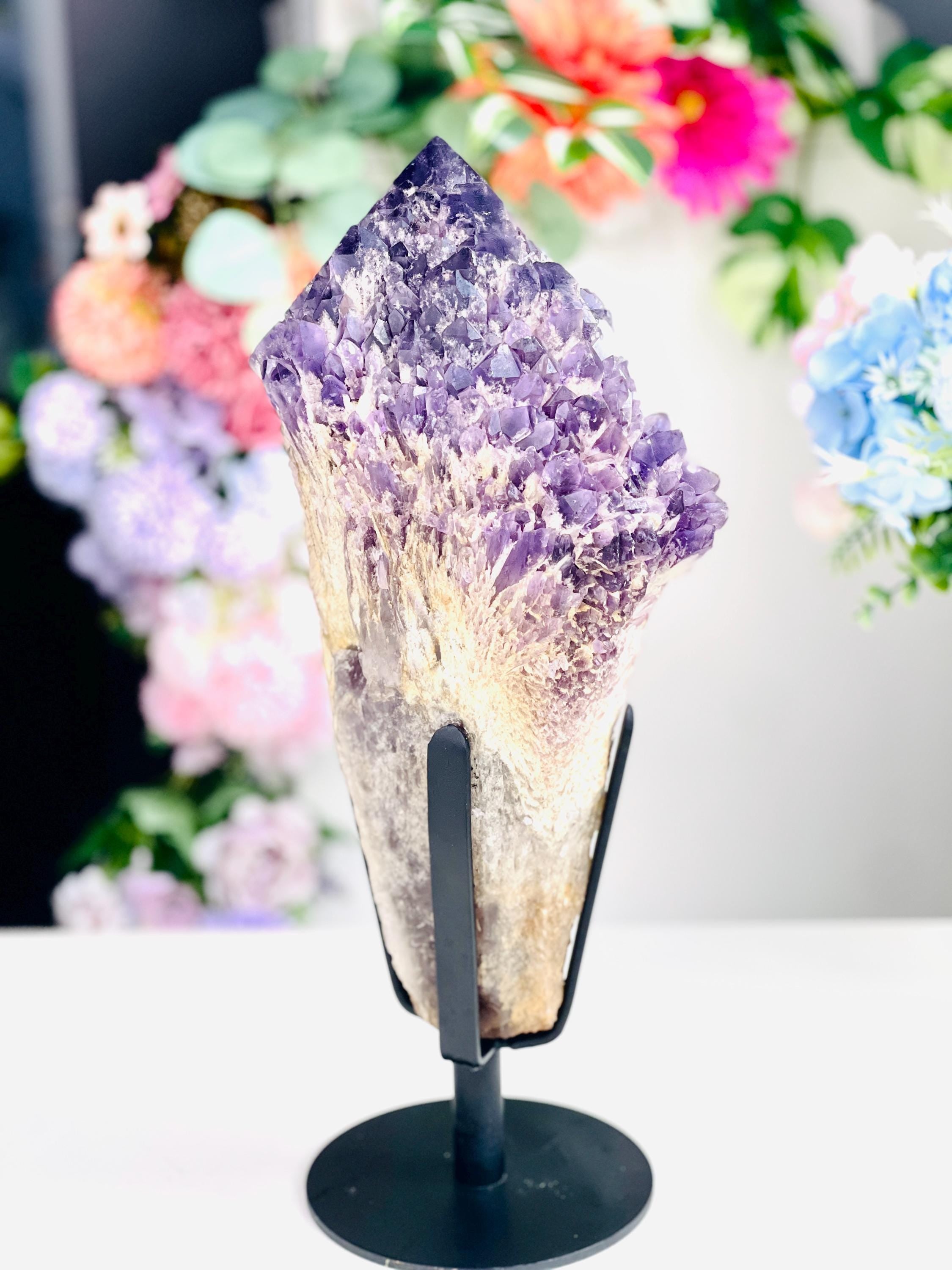 XXL Natural Raw Elestial Amethyst on Stand, Amethystt Cluster, Amethyst Point, Amethyst Root, Elestial Amthyst