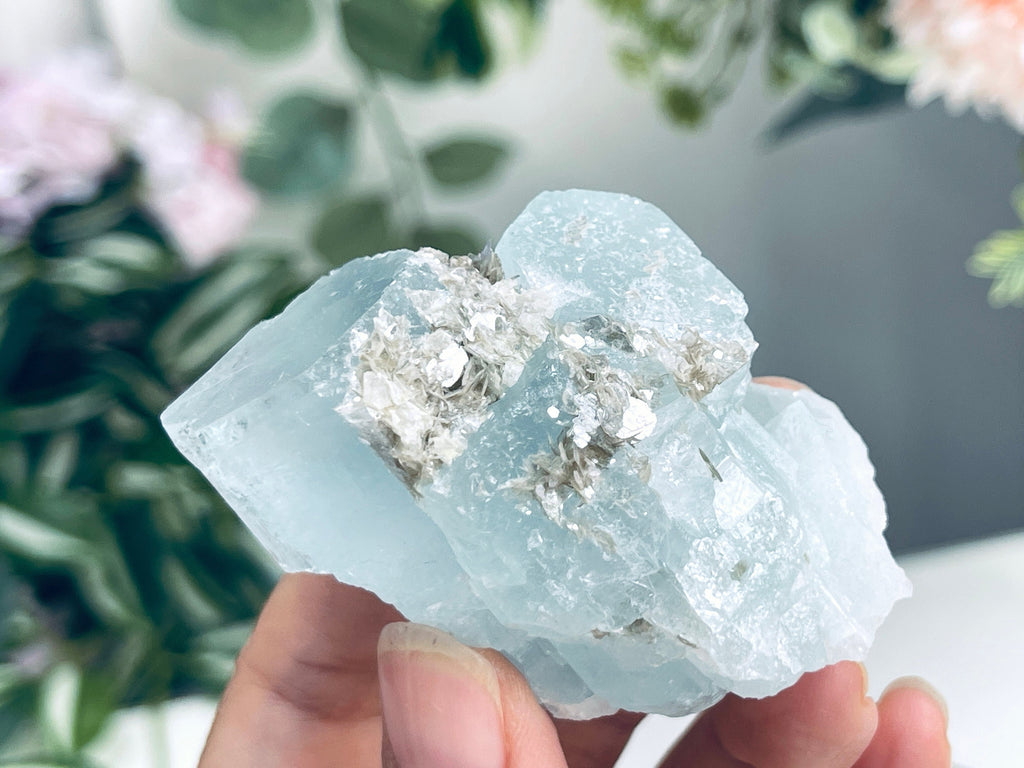 103g Natural Blue Aquamarine with Muscovite – Rare Raw Beryl Crystal from Skardu, Pakistan | Collector’s Mineral Specimen | Crystal Gift