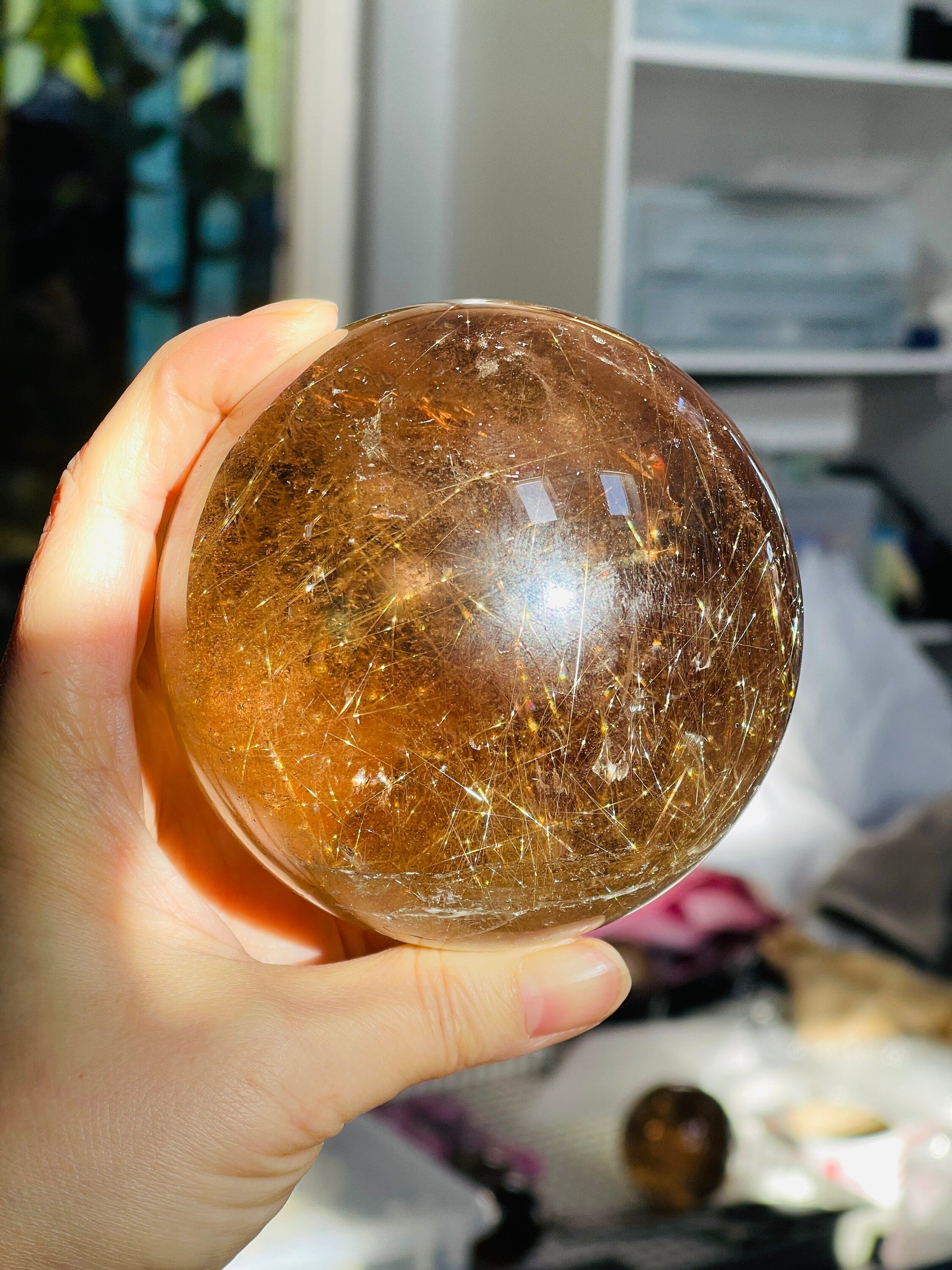 Natural Rutilated Smoky Quartz Sphere, High Grade Golden Rutile Rutilated Smokey Quartz with Phantoms , Rare Crystals, Crystal Gift