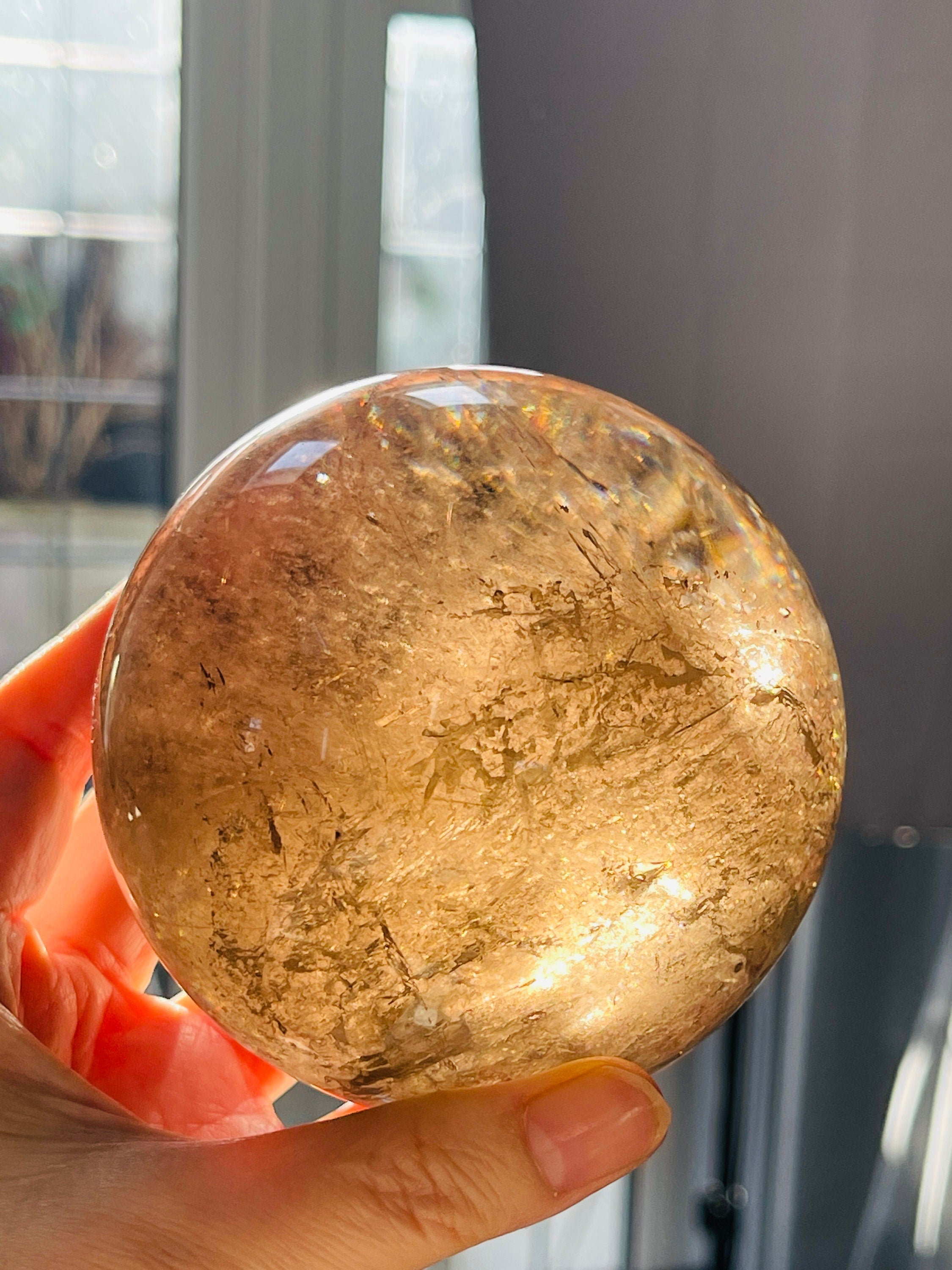 Natural Rutilated Smoky Quartz Sphere, High Grade Golden Rutile Rutilated Smokey Quartz with Phantoms , Rare Crystals, Crystal Gift