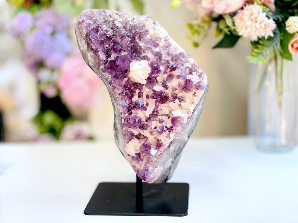 4.7kg Extraordinary Amethyst with Calcite on Metal Stand  ,Amethyst Cathedral ,Large Amethyst Crystal Gift, Amethyst for Home Decor Crystal