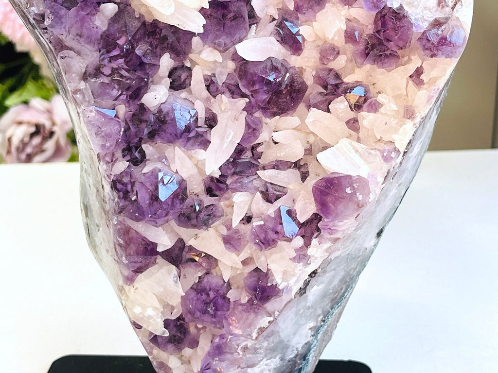 4.7kg Extraordinary Amethyst with Calcite on Metal Stand ,Amethyst Cathedral ,Large Amethyst Crystal Gift, Amethyst for Home Decor Crystal - Million Years Crystal