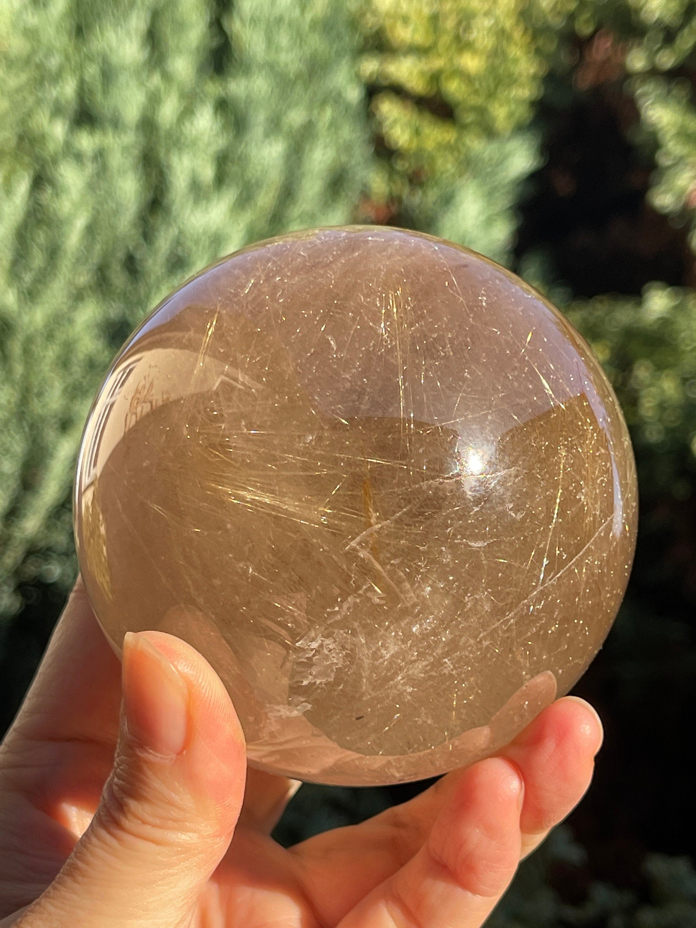Natural Rutilated Smoky Quartz Sphere, 800g High Grade Golden Rutile Rutilated Smokey Quartz with Phantoms , Rare Crystals, Crystal Gift
