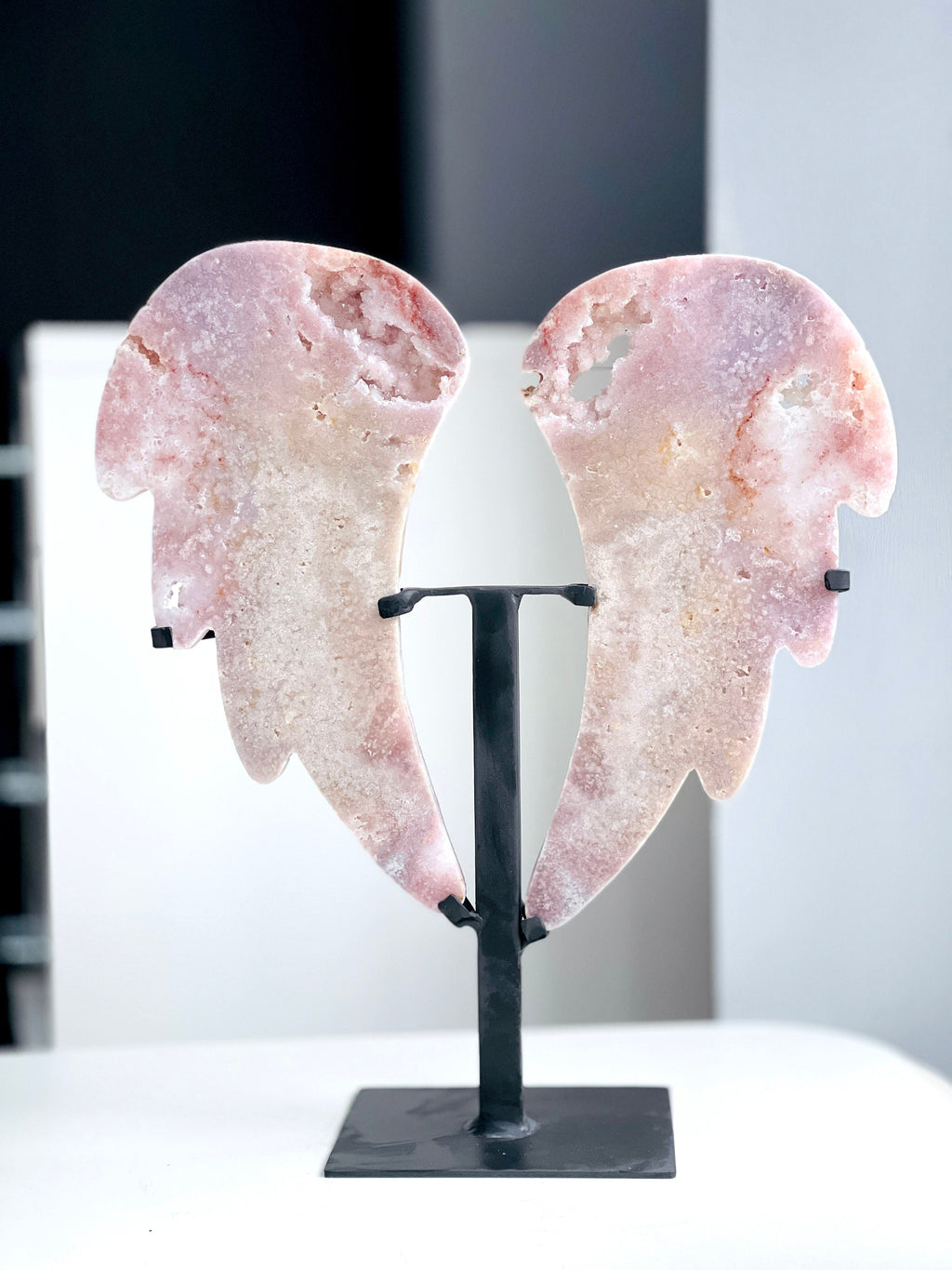 Pink Amethyst Angel Wings on Stand | Druzy Slab | Crystal Gift & Home Décor