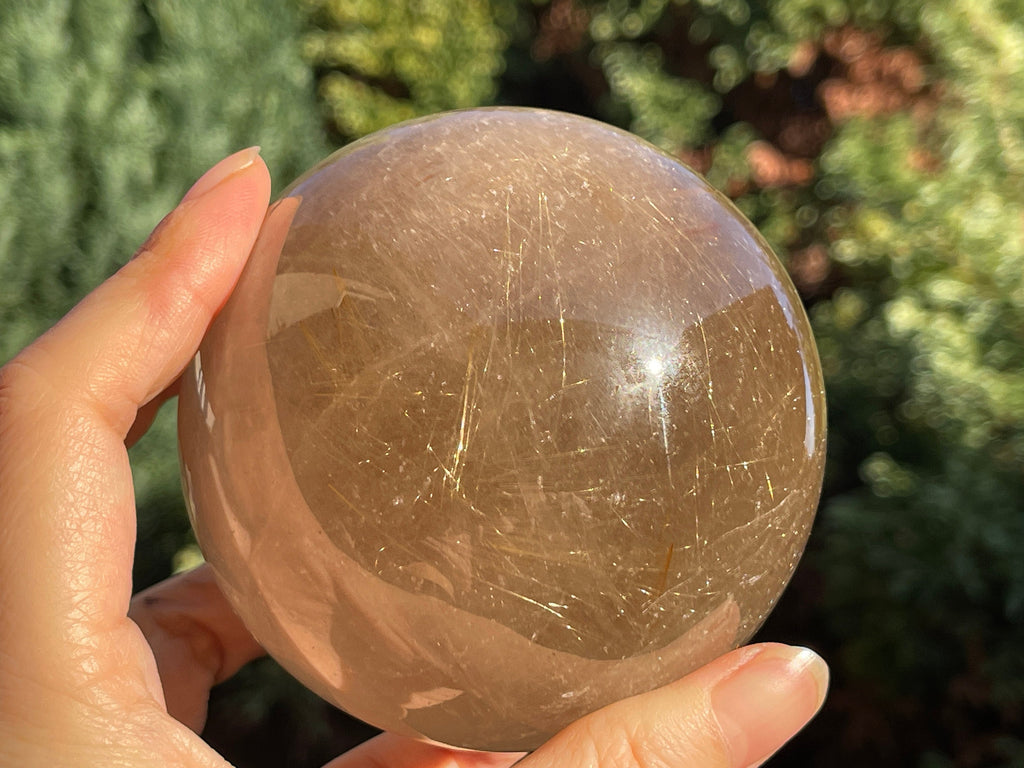 Natural Rutilated Smoky Quartz Sphere, 800g High Grade Golden Rutile Rutilated Smokey Quartz with Phantoms , Rare Crystals, Crystal Gift