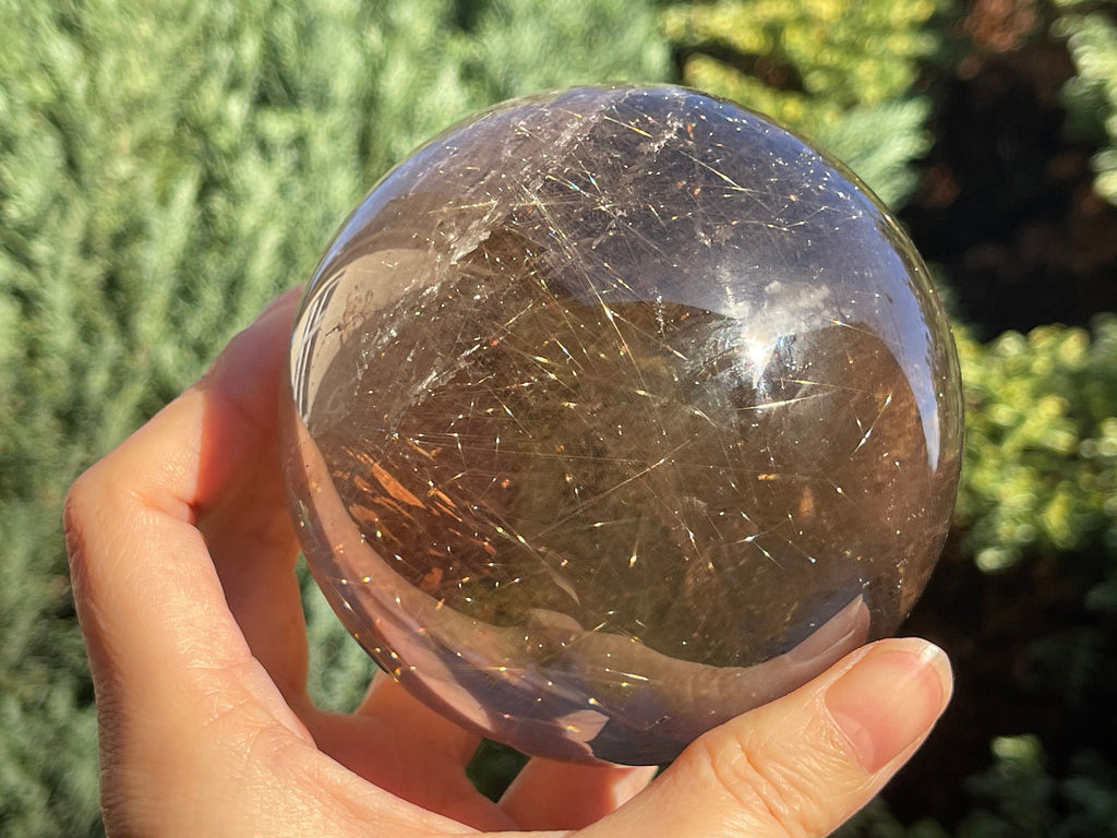 Natural Rutilated Smoky Quartz Sphere, High Grade Golden Rutile Rutilated Smokey Quartz with Phantoms , Rare Crystals, Crystal Gift