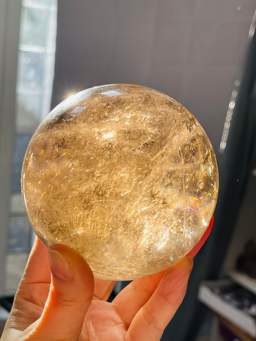 Natural Rutilated Smoky Quartz Sphere, High Grade Golden Rutile Rutilated Smokey Quartz with Phantoms , Rare Crystals, Crystal Gift