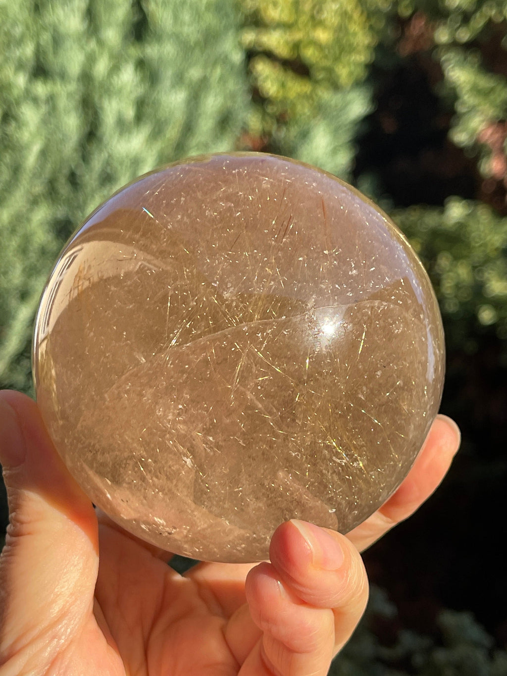 Natural Rutilated Smoky Quartz Sphere, 800g High Grade Golden Rutile Rutilated Smokey Quartz with Phantoms , Rare Crystals, Crystal Gift