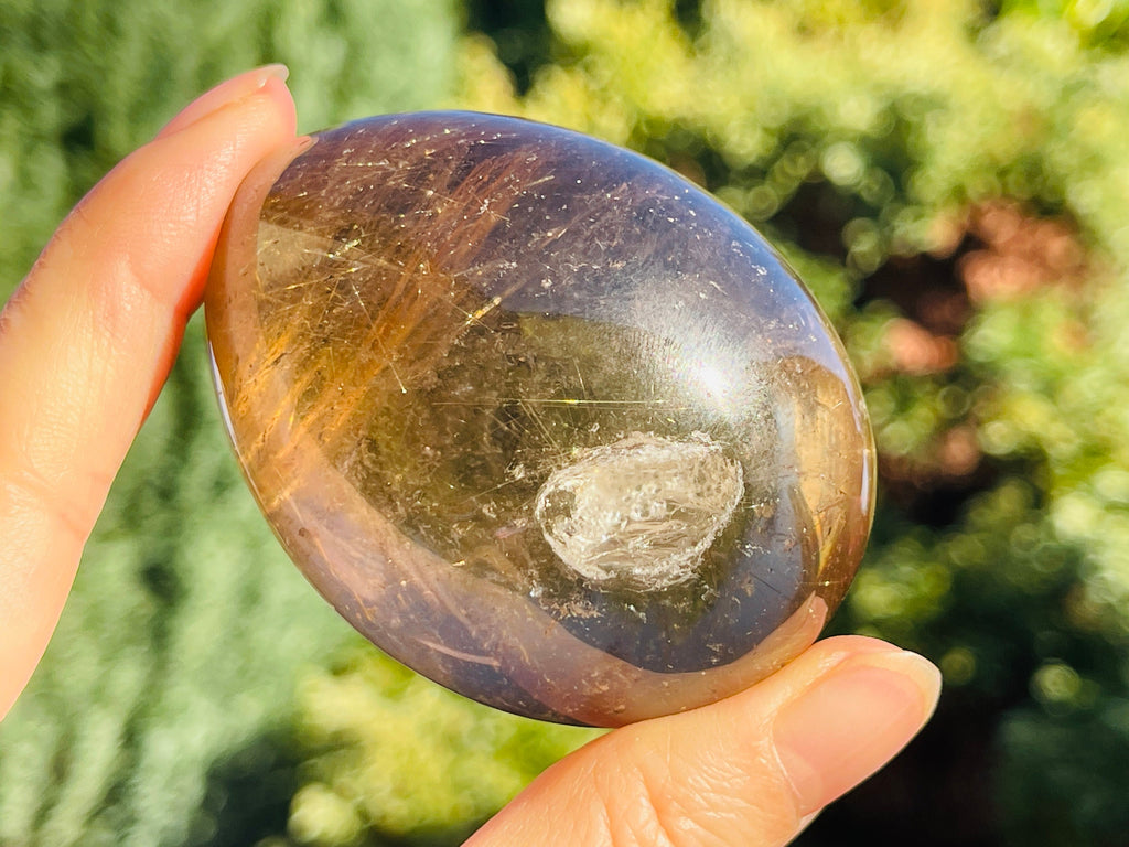 Natural Rutilated Smoky Quartz Egg, High Grade Golden Rutile Rutilated Smokey Quartz with Phantoms and Rainbows, Rare Crystals, Crystal Gift
