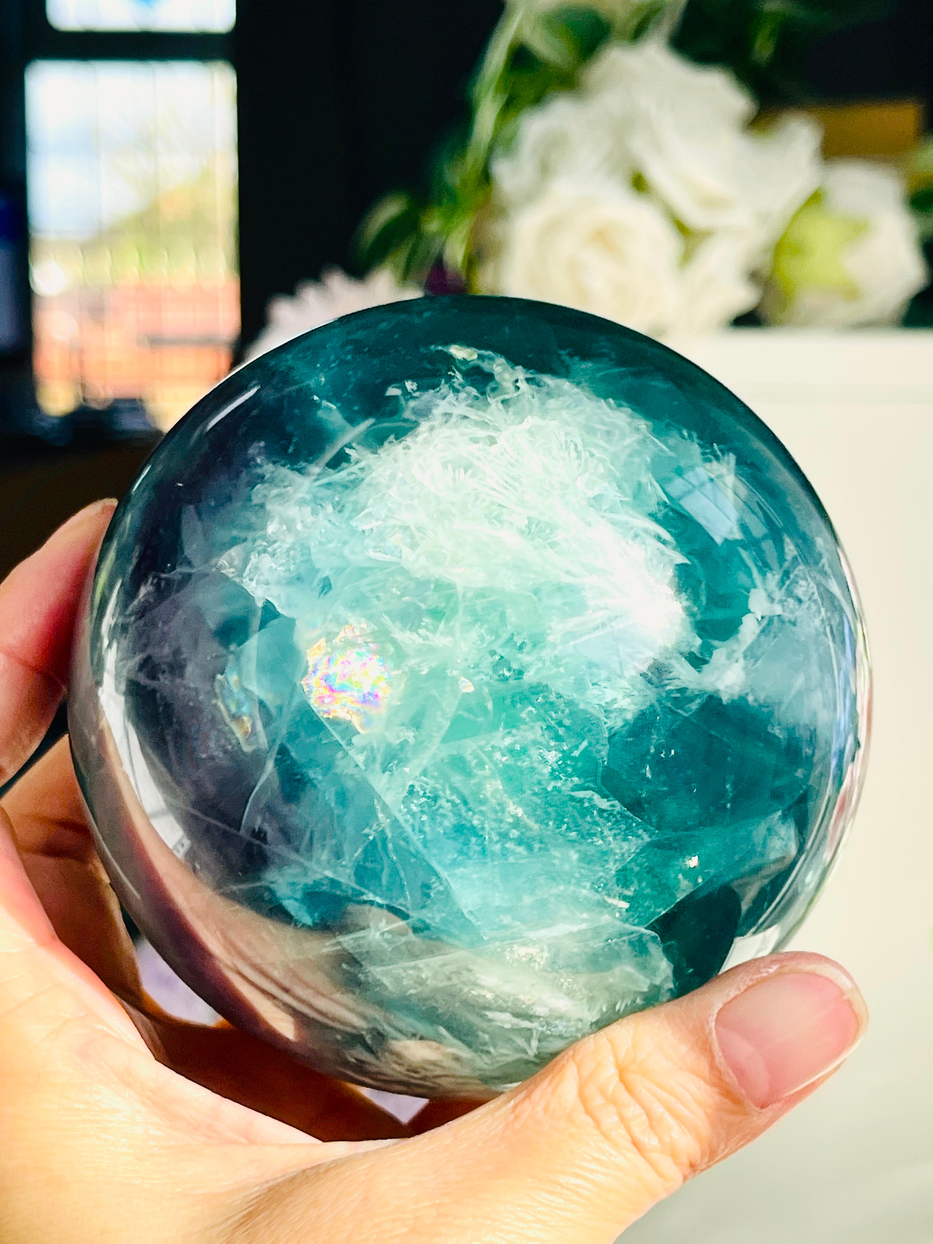 Green Fluorite Crystal Sphere: Green & Purple Healing Crystal (92mm, 1.3kg)