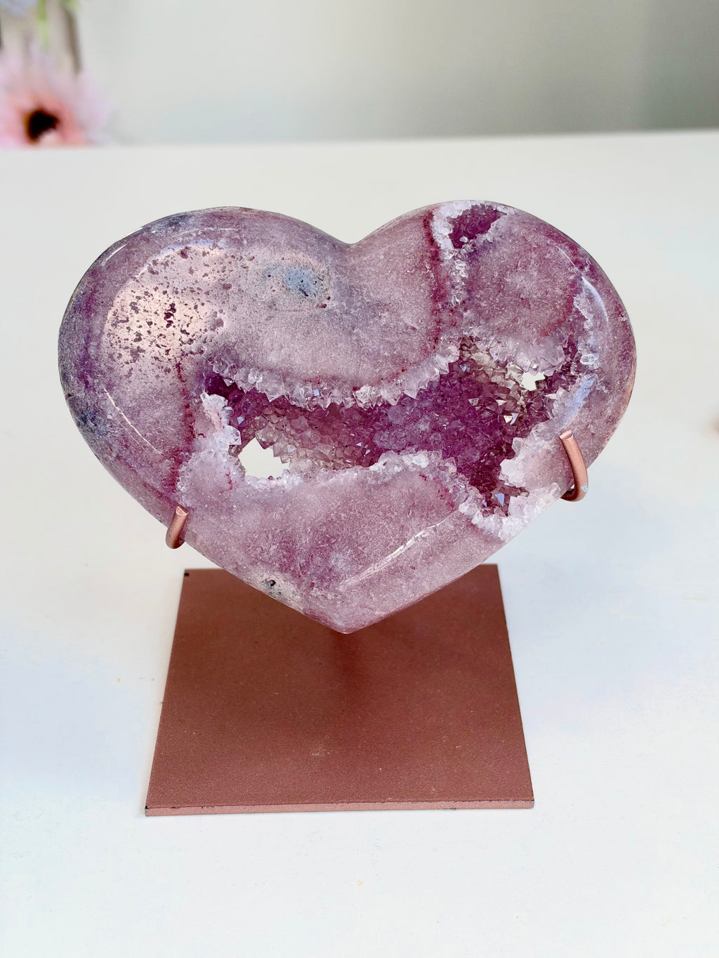 Pink Amethyst Druzy Heart with Metal Stand