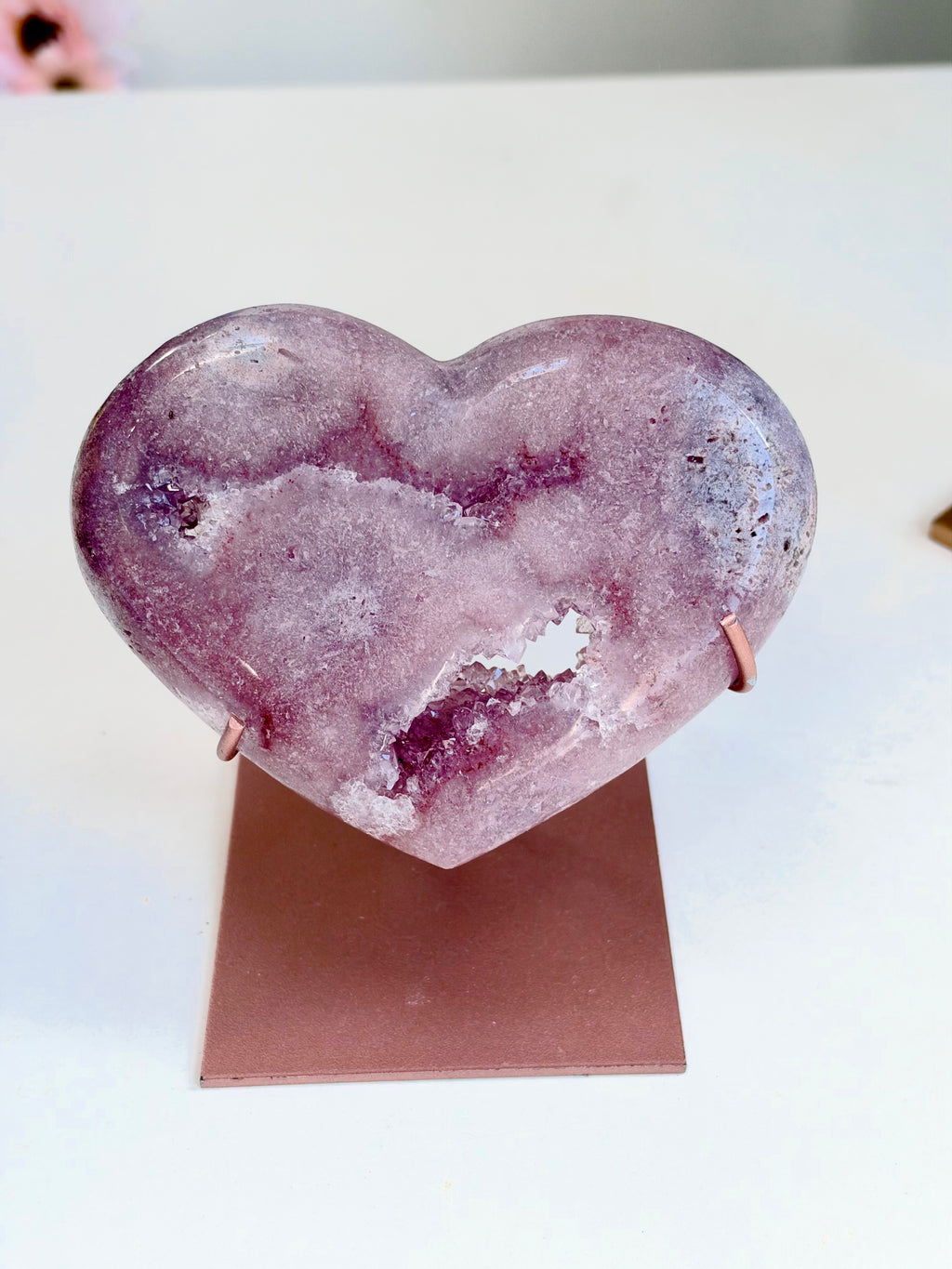 Pink Amethyst Druzy Heart with Metal Stand