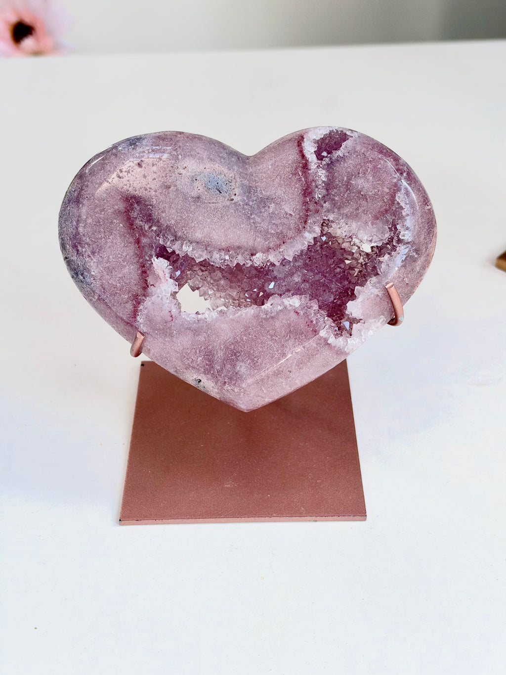 Pink Amethyst Druzy Heart with Metal Stand