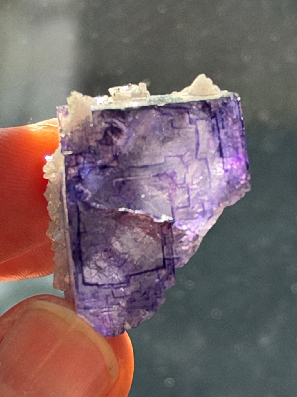 A raw purple fluorite crystal specimen with visible geometric inclusions, held between fingers against a dark blurred background.