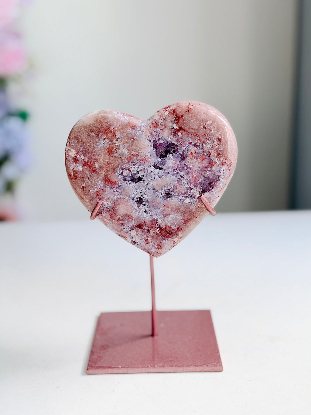 Brazilian Pink Amethyst Druzy Heart with Metal Stand