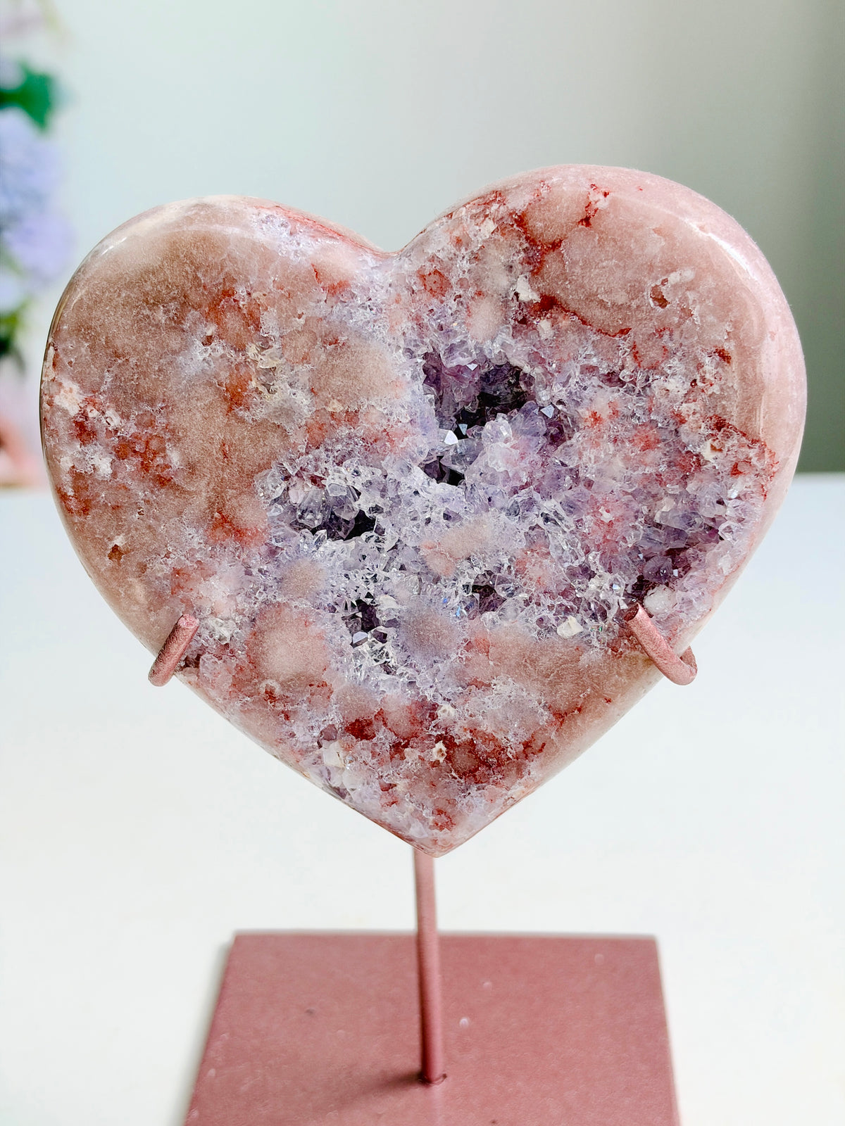 Brazilian Pink Amethyst Druzy Heart with Metal Stand