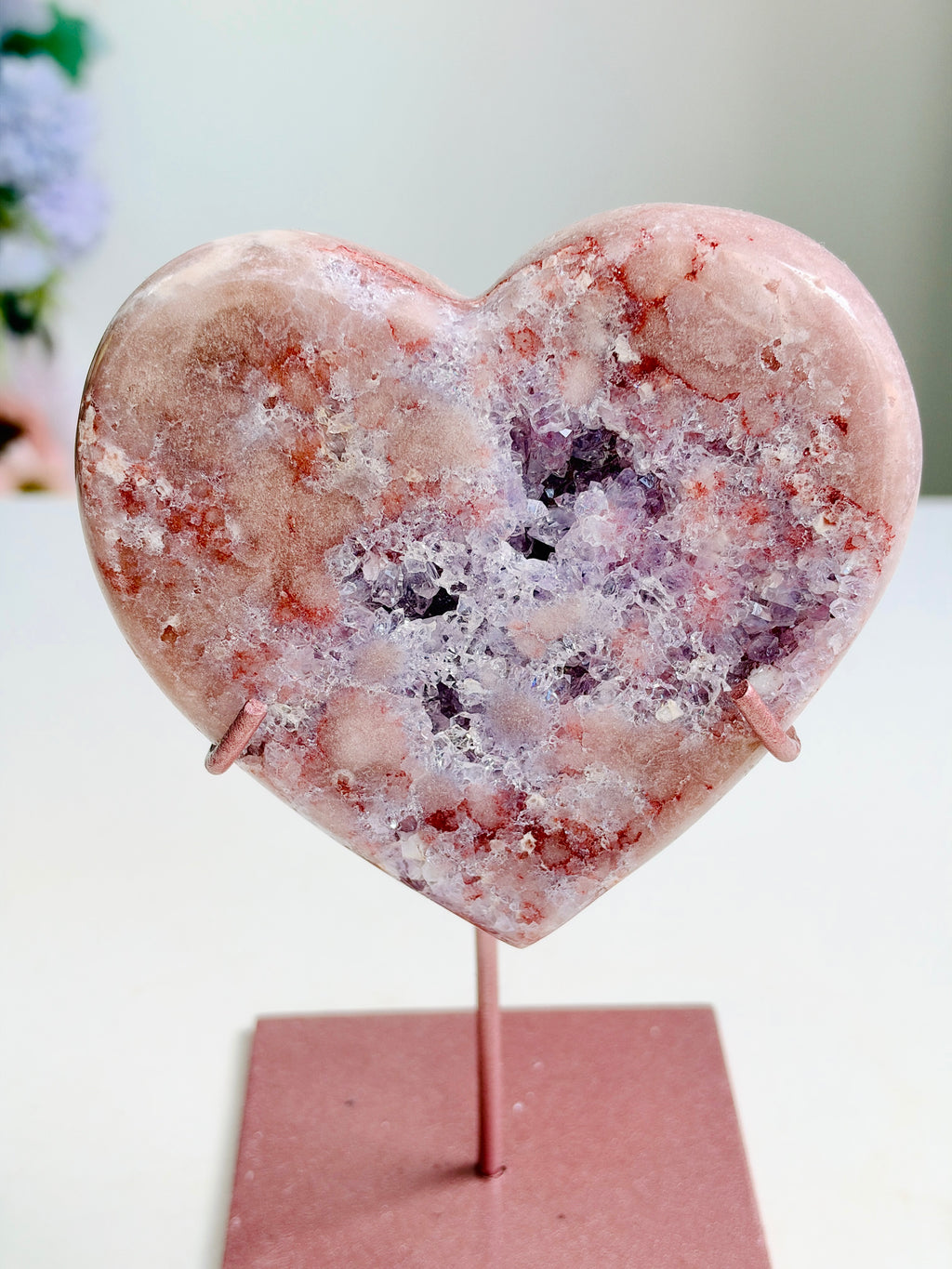 Brazilian Pink Amethyst Druzy Heart with Metal Stand