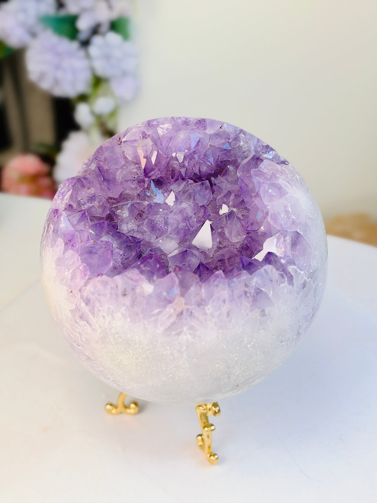 Brazilian Pink Amethyst Geode Sphere with Flower Patterns, 134 mm
