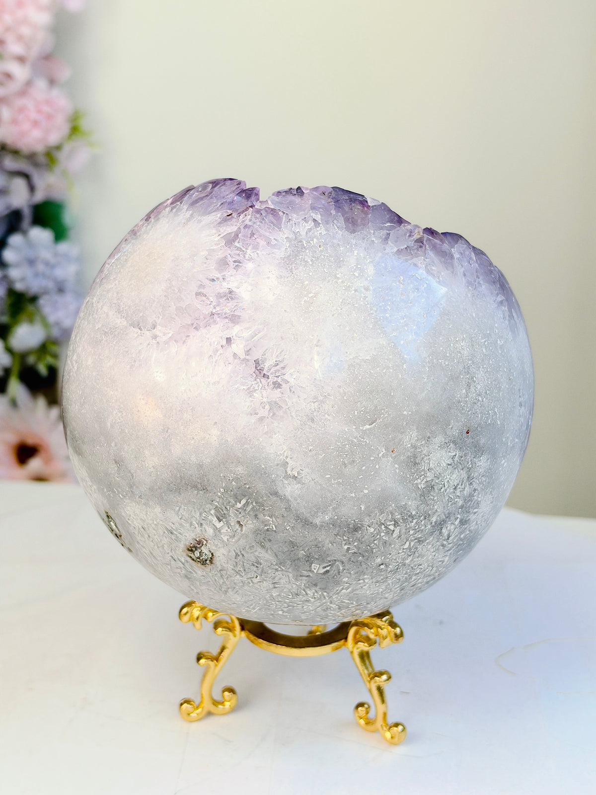 Brazilian Pink Amethyst Geode Sphere with Flower Patterns, 134 mm