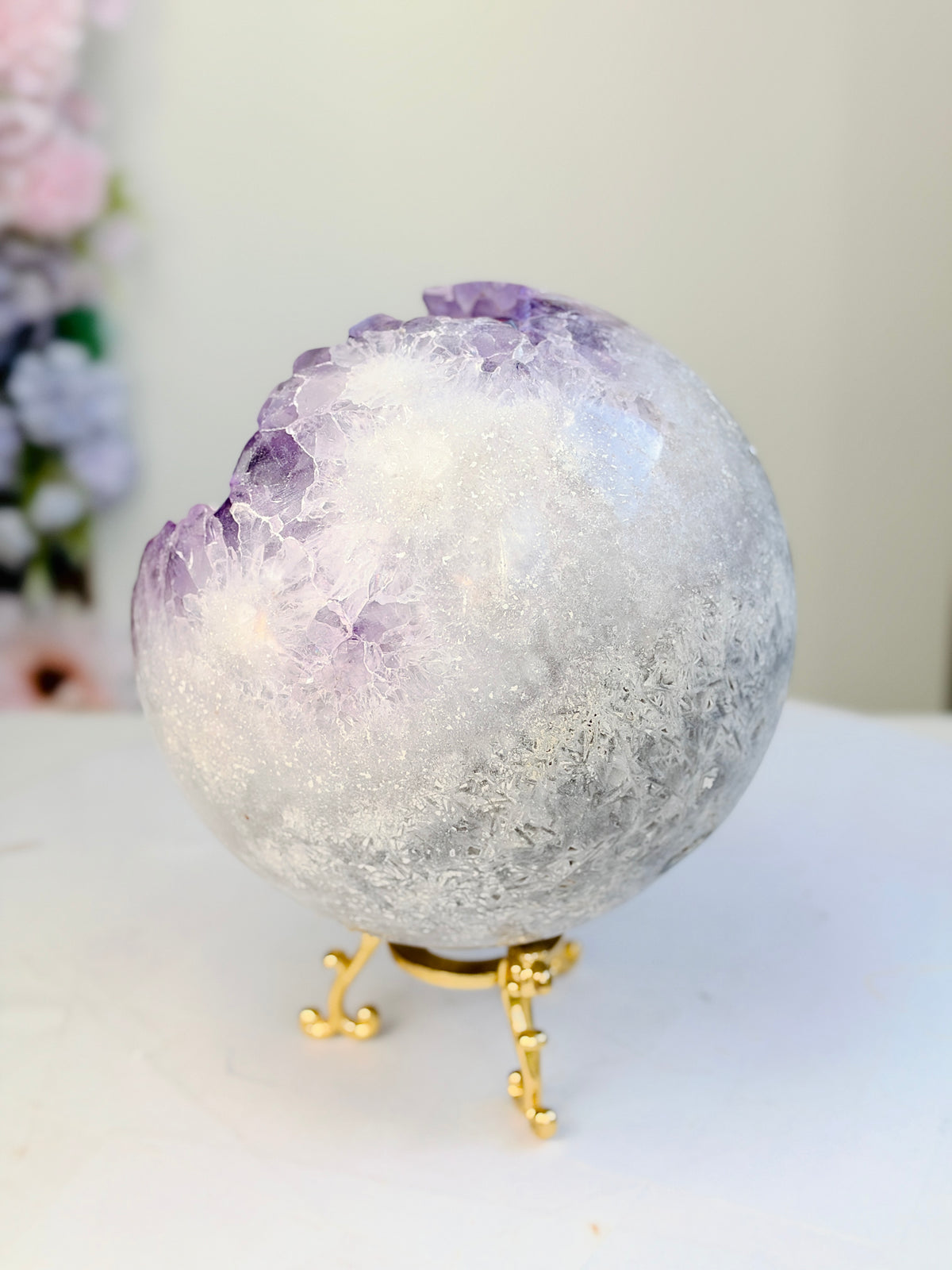 Brazilian Pink Amethyst Geode Sphere with Flower Patterns, 134 mm