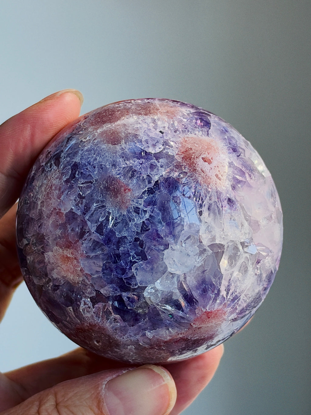 Pink Amethyst Sphere with Purple Flower Patterns, 61 mm