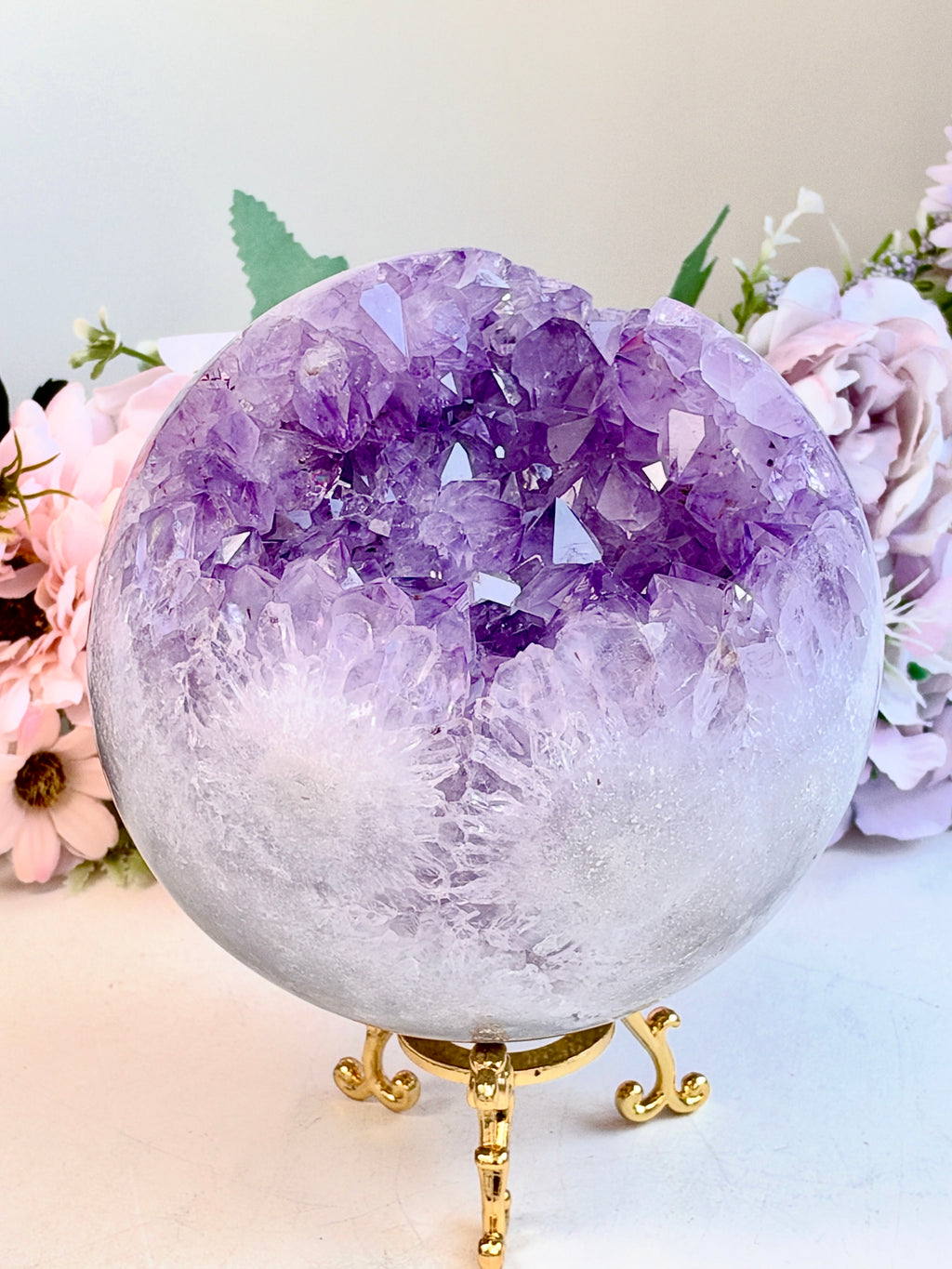 Brazilian Pink Amethyst Geode Sphere with Flower Patterns, 134 mm