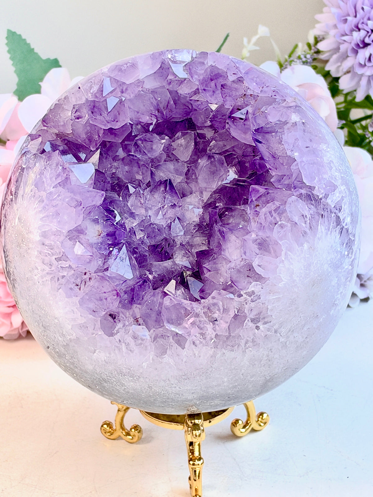 Brazilian Pink Amethyst Geode Sphere with Flower Patterns, 134 mm