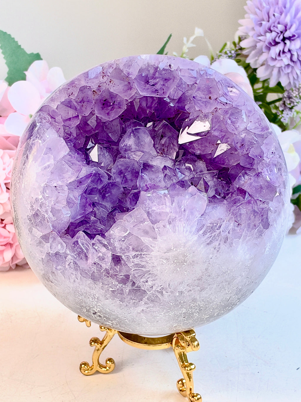 Brazilian Pink Amethyst Geode Sphere with Flower Patterns, 134 mm