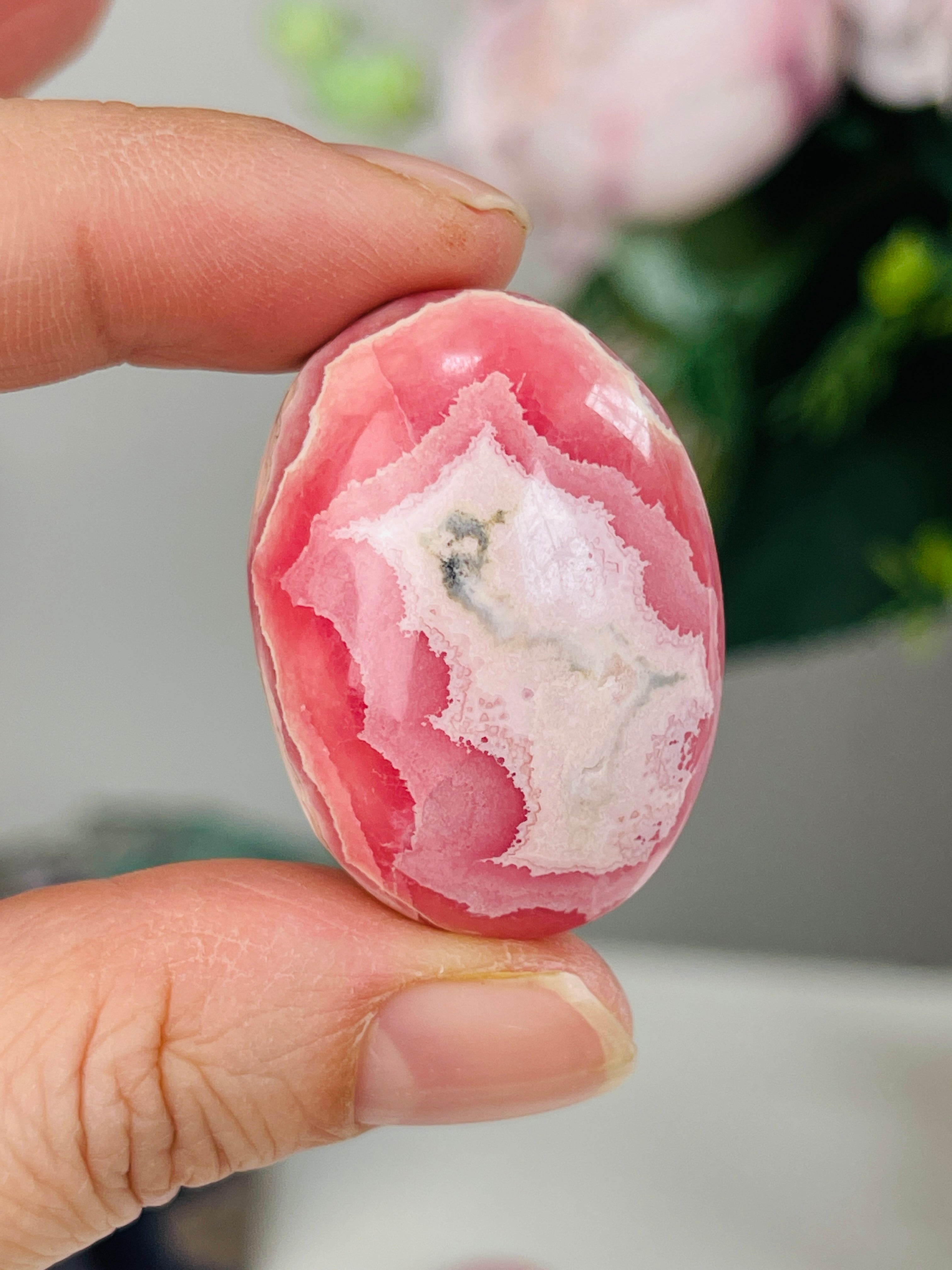 Rare Rhodochrosite Mini Palmstone (Oval) – Argentine Pink Banded Crystal Pocket Stone 5