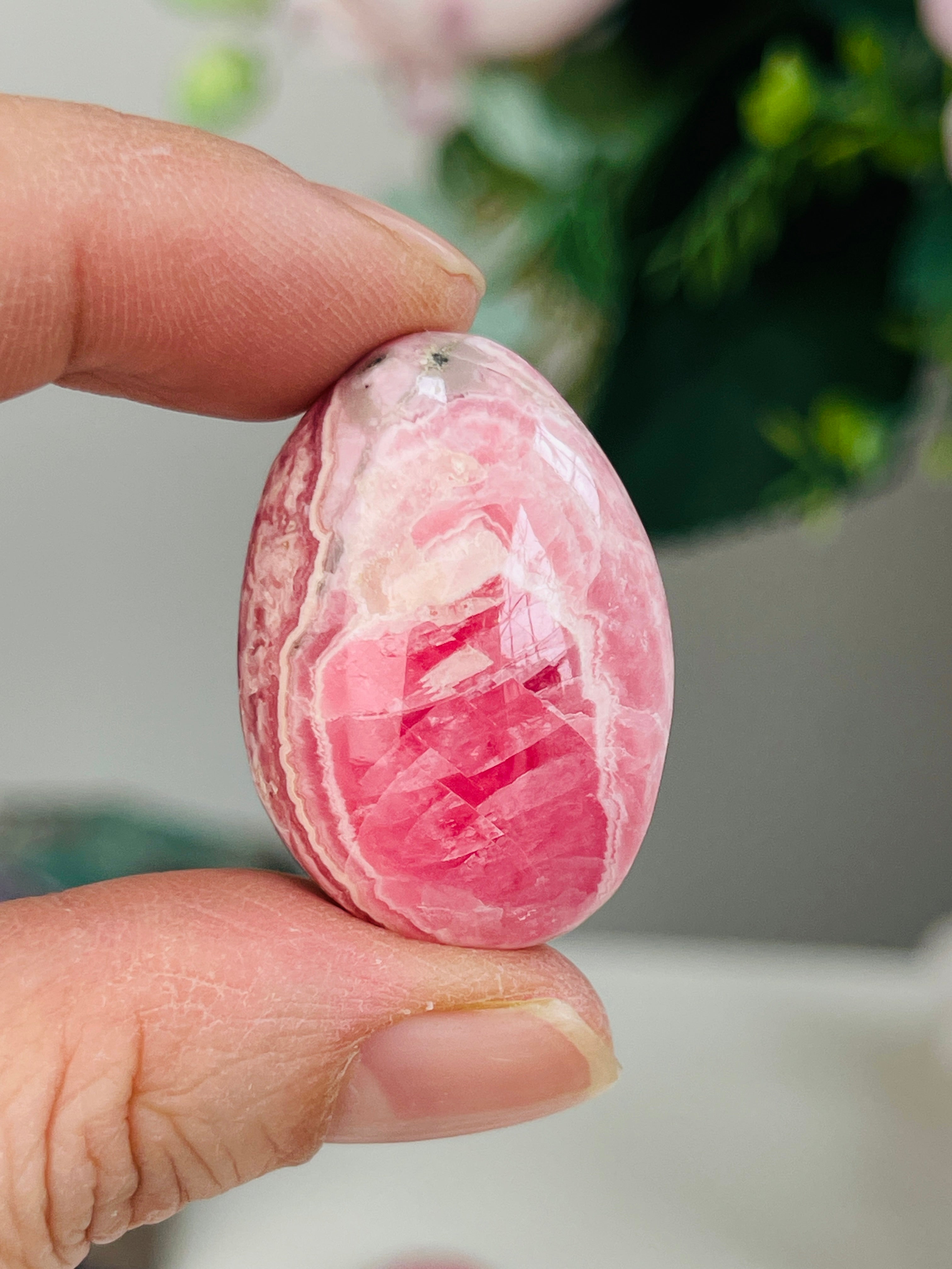 Rare Rhodochrosite Mini Palmstone (Oval) – Argentine Pink Banded Crystal Pocket Stone 4