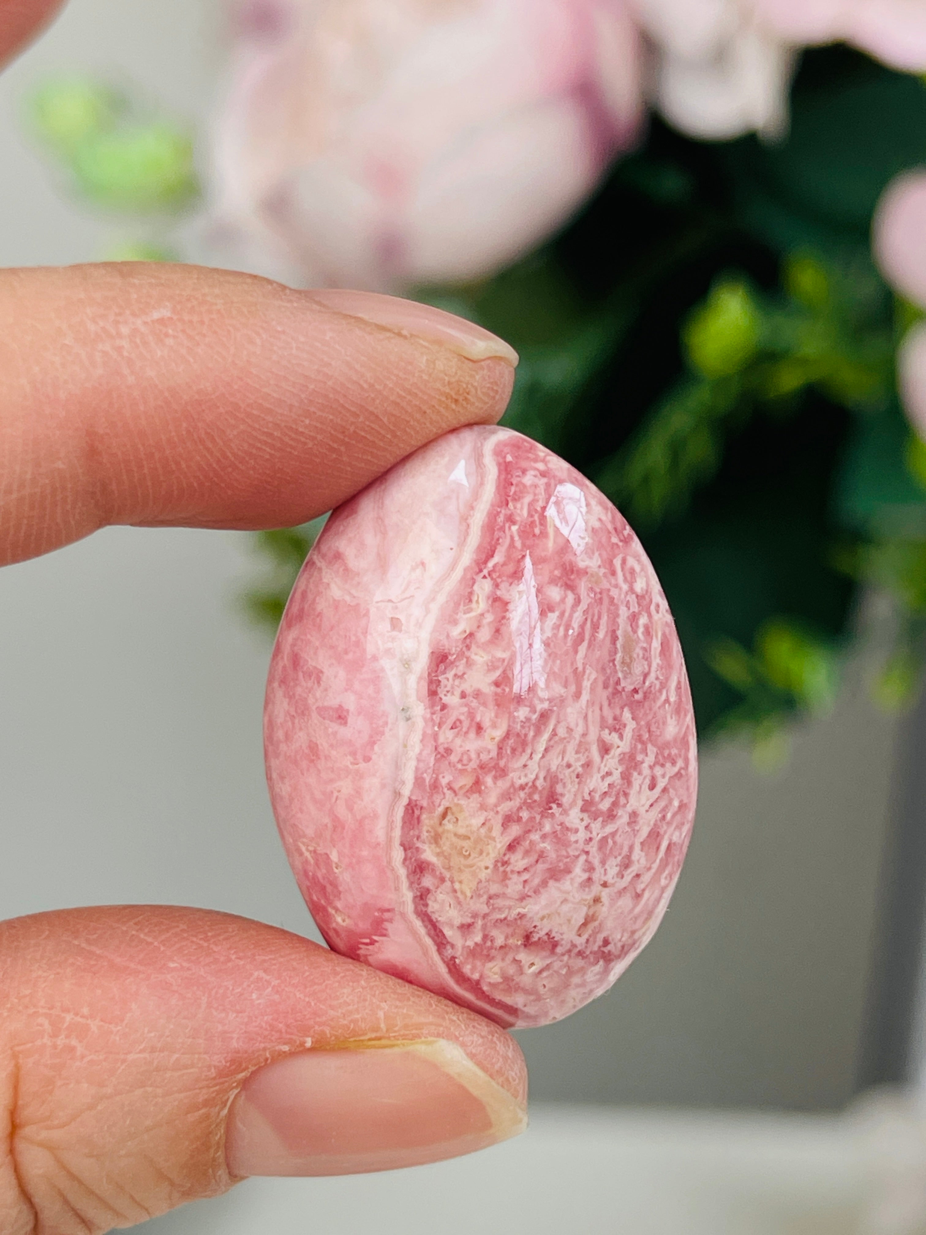 Rare Rhodochrosite Mini Palmstone (Oval) – Argentine Pink Banded Crystal Pocket Stone 4