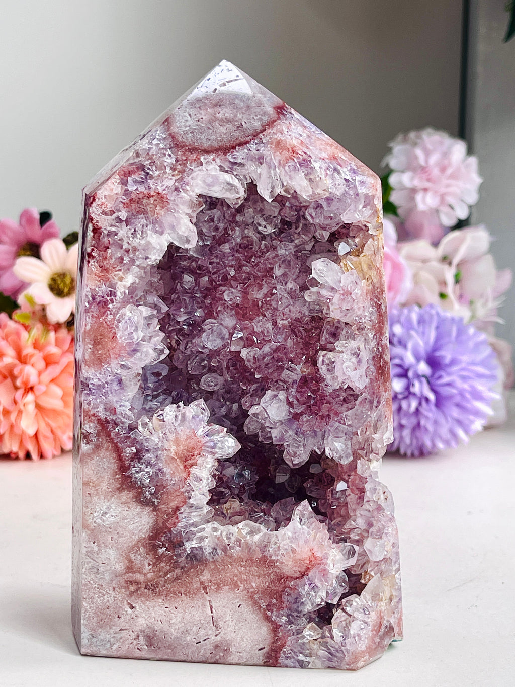 Pink Amethyst Druzy Tower with Purple Amethyst Cave & Hematite | 971g