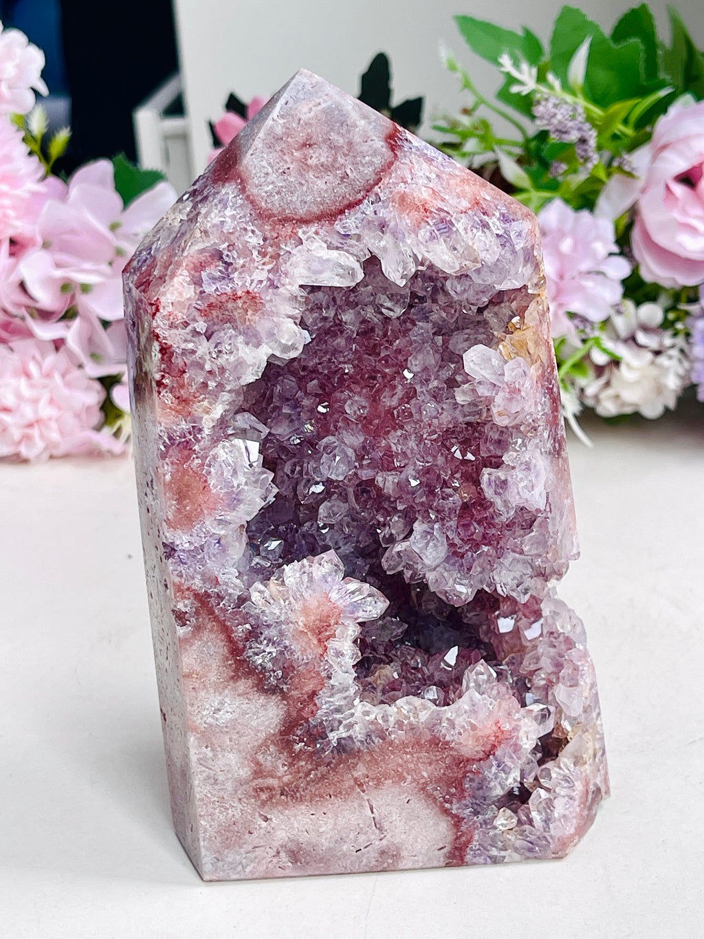 Pink Amethyst Druzy Tower with Purple Amethyst Cave & Hematite | 971g