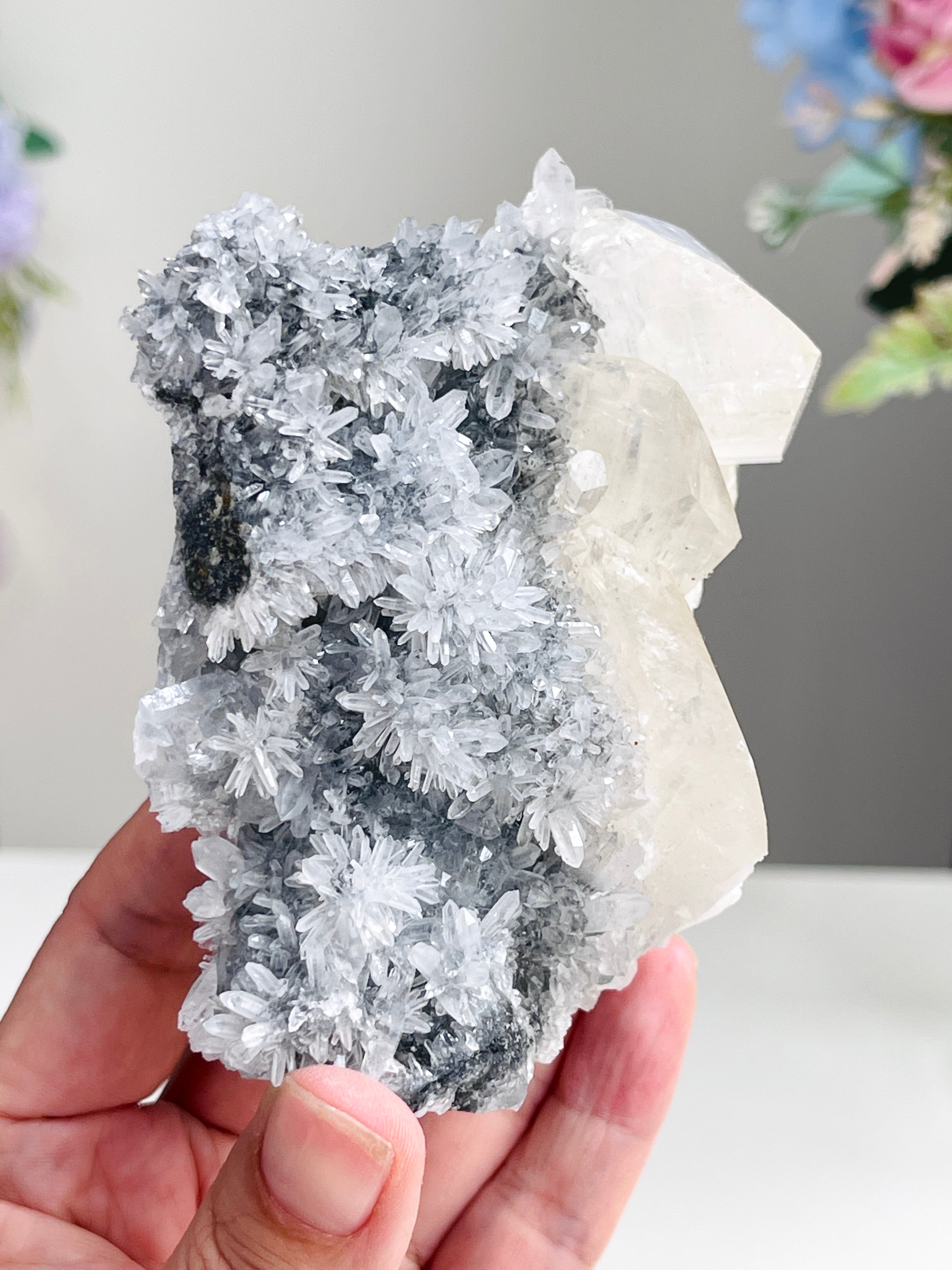 Breathtaking Needle Quartz Cluster with Calcite from Hubei China,  Unique Needle Quartz Specimen, Crystal Gift