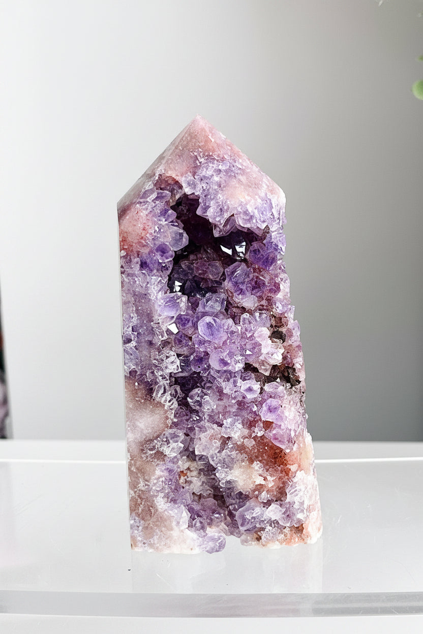 Amethyst crystal tower on a white surface with a neutral background