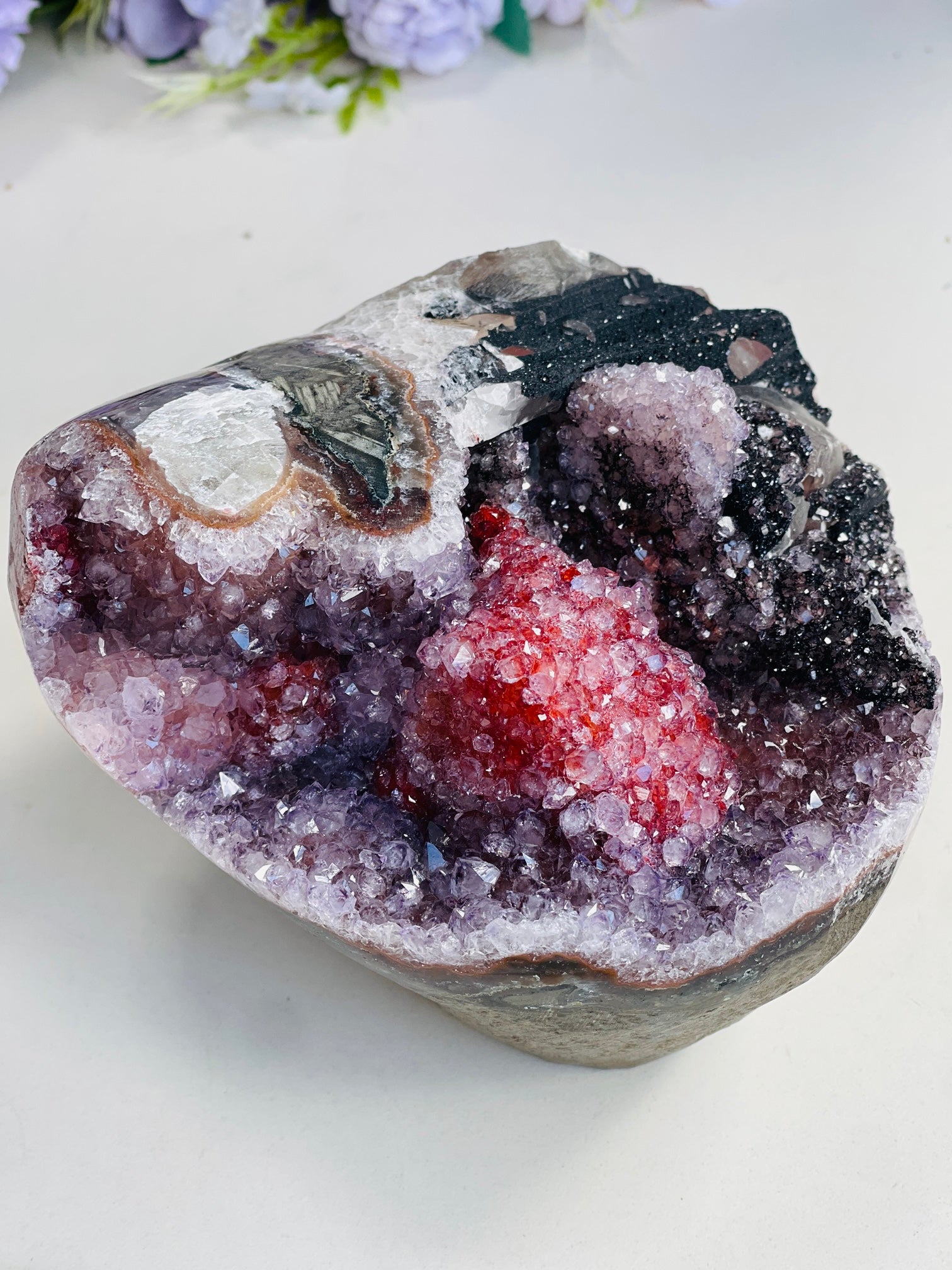 Museum-Grade Amethyst & Crimson Calcite Specimen – Multi-Mineral Statement Piece