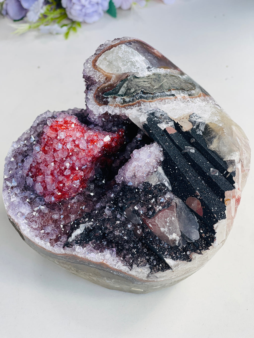Museum-Grade Amethyst & Crimson Calcite Specimen – Multi-Mineral Statement Piece