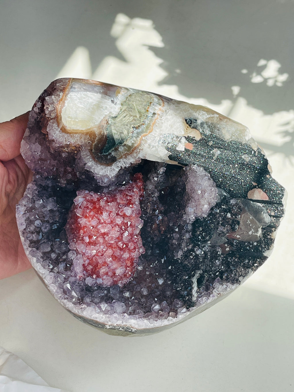 Museum-Grade Amethyst & Crimson Calcite Specimen – Multi-Mineral Statement Piece