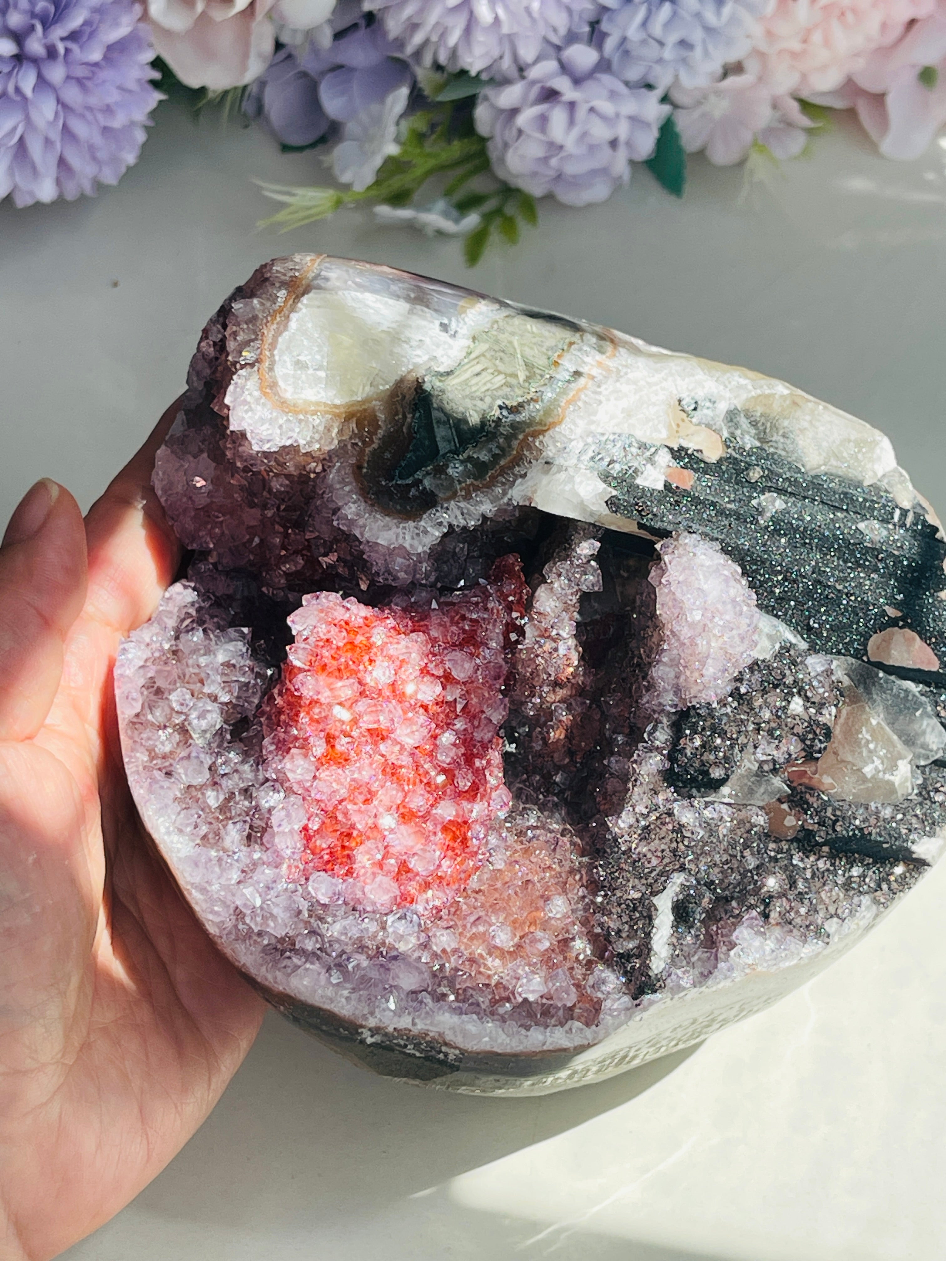 Museum-Grade Amethyst & Crimson Calcite Specimen – Multi-Mineral Statement Piece