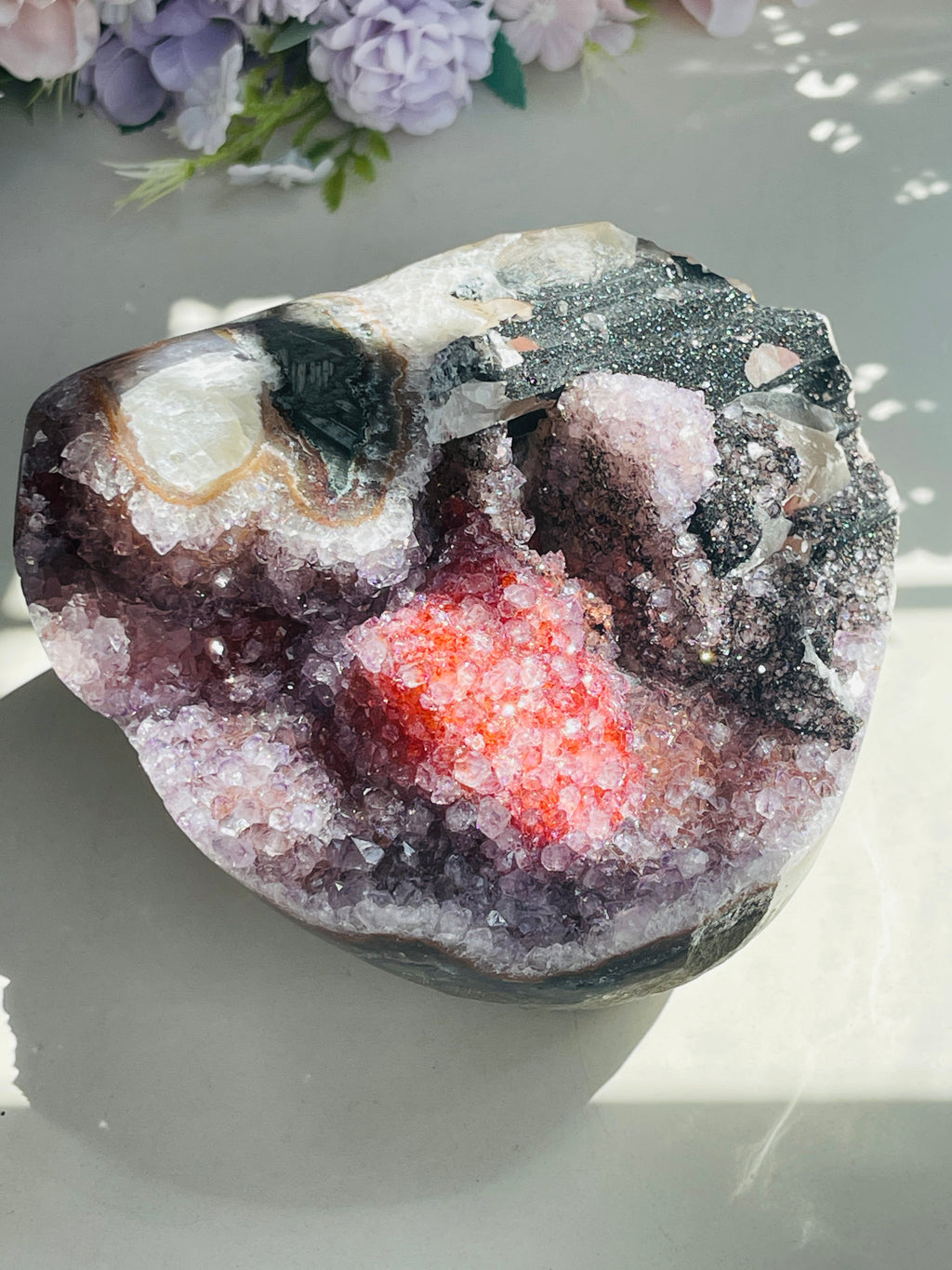 Museum-Grade Amethyst & Crimson Calcite Specimen – Multi-Mineral Statement Piece