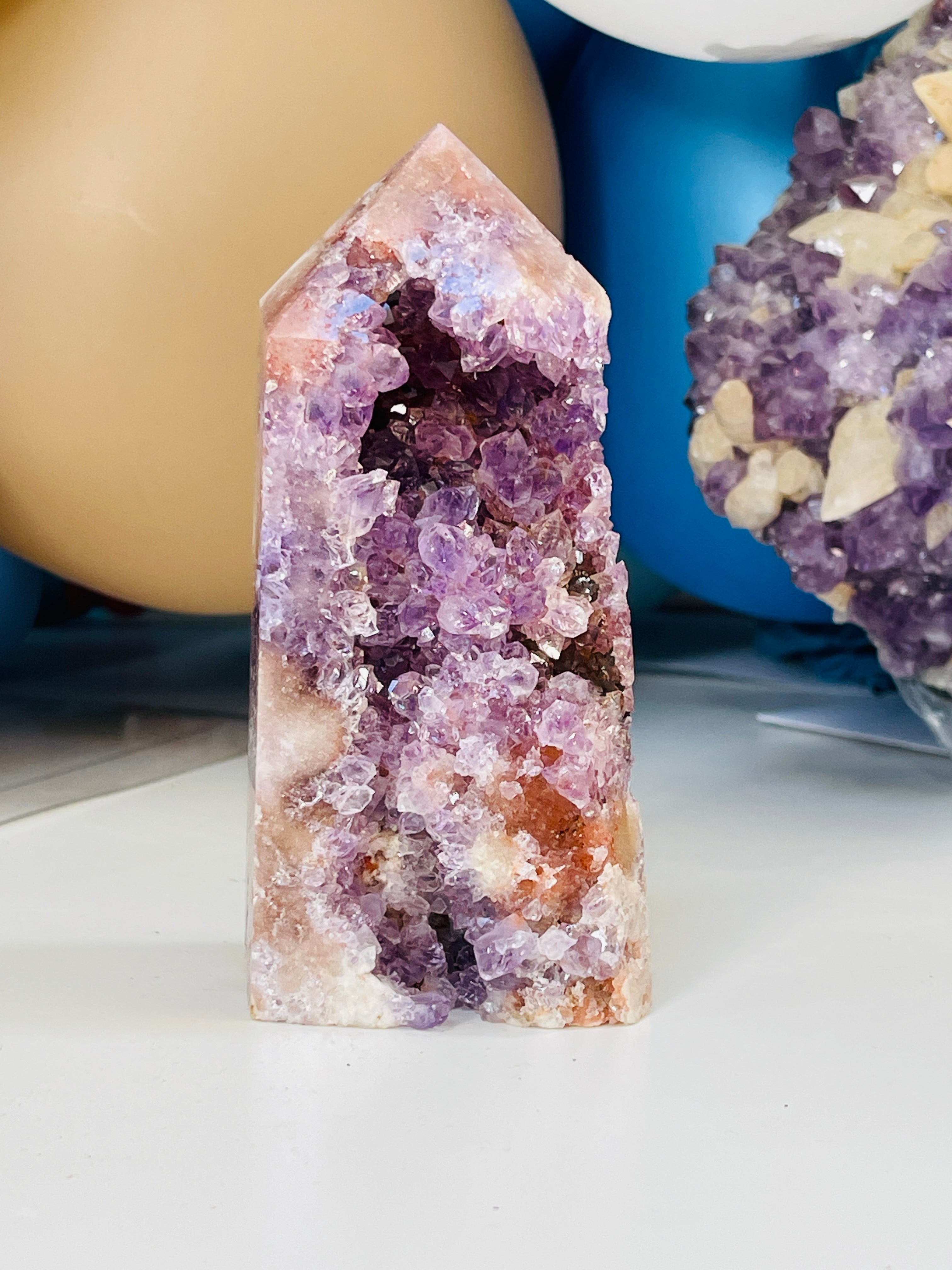 Pink Amethyst Tower with Purple Amethyst Druzy Cave | 575g